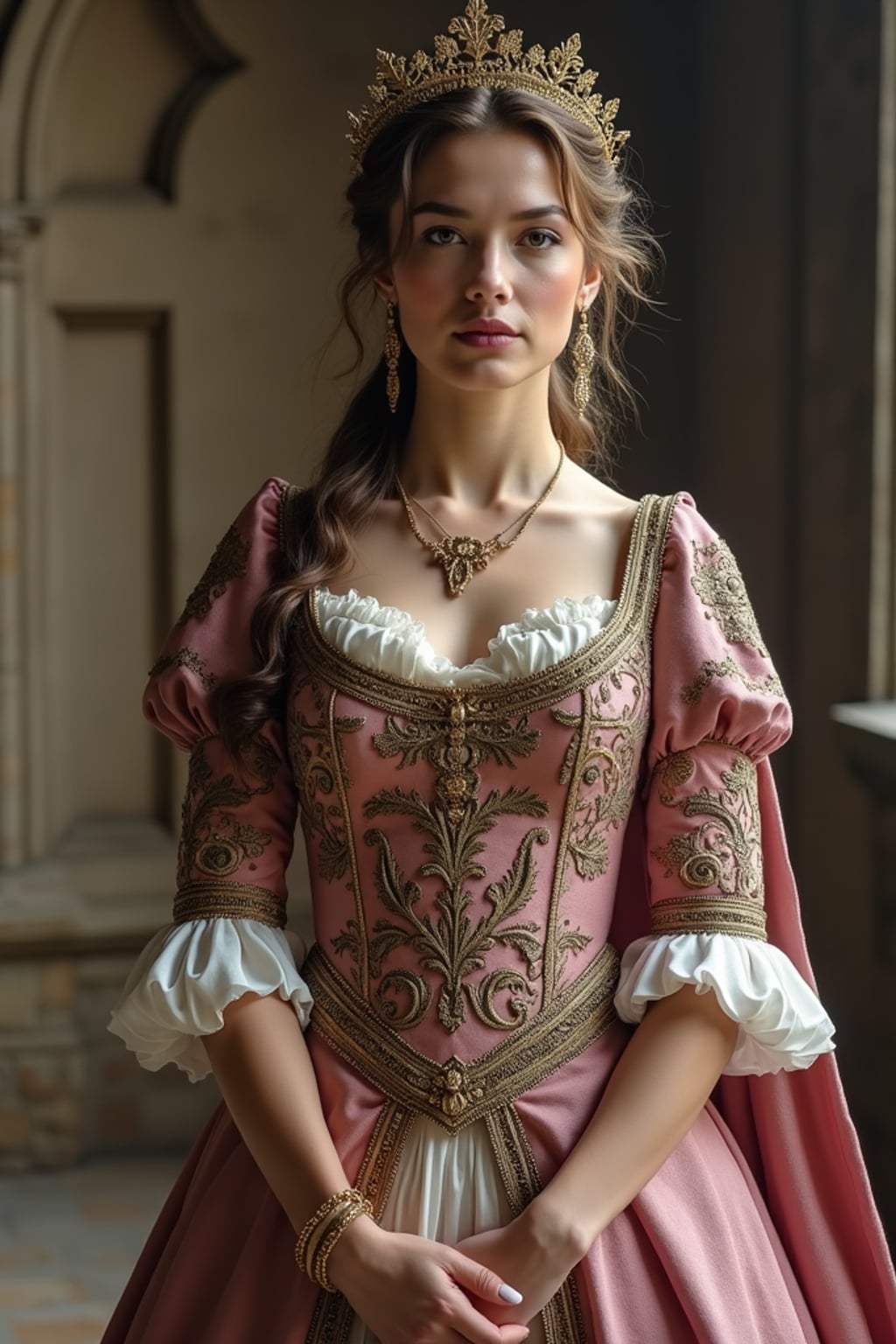 woman as a historical character, castle backdrop, wearing a medieval princess gown with intricate embroidery , posing regally