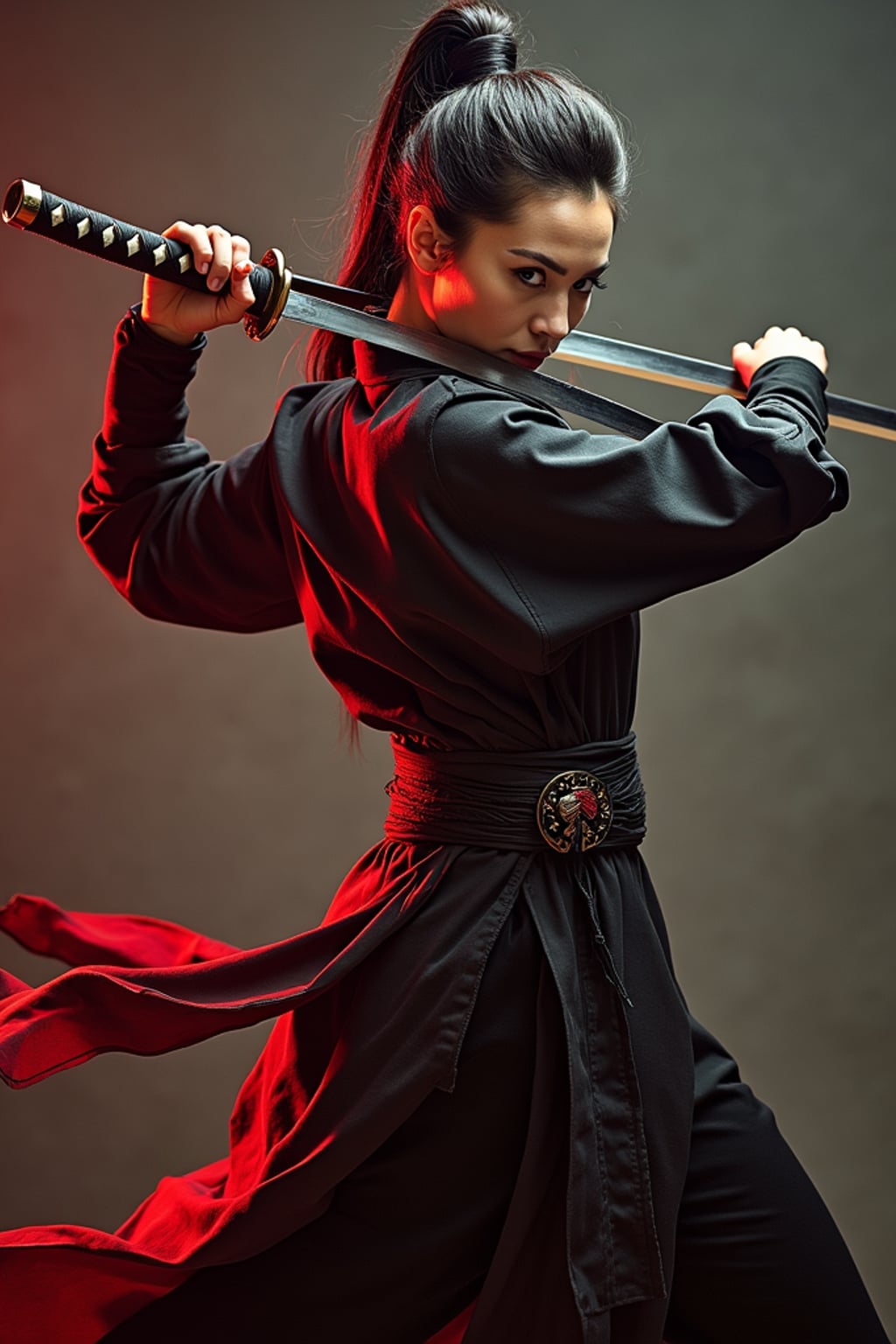 cosplayer woman in a dynamic action pose, wearing a ninja outfit with a katana and flowing sash , studio lights and dramatic backdrop