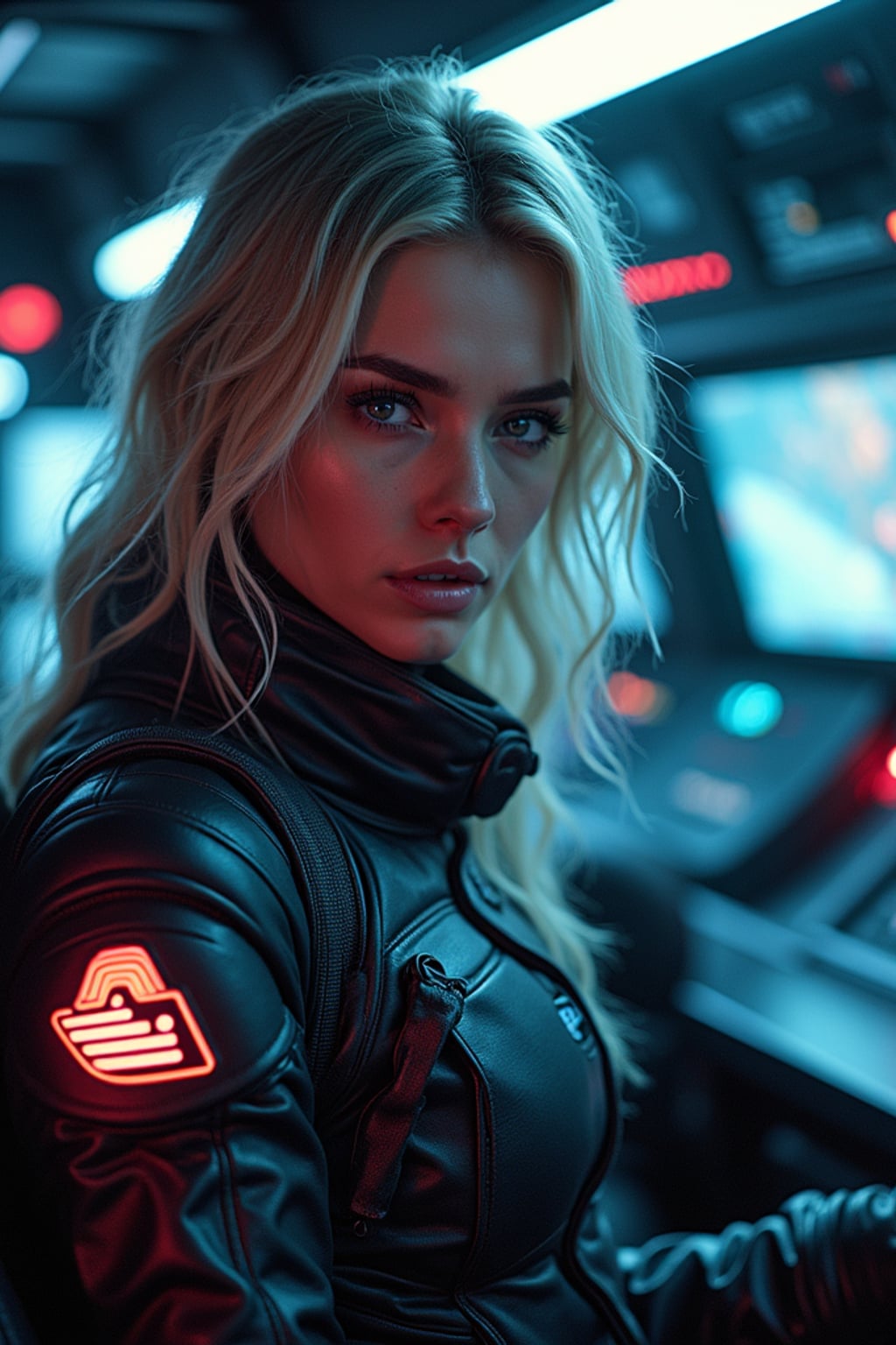 woman as sci-fi pilot in a spaceship cockpit set, wearing a sleek space suit with neon accents and a helmet , dramatic lighting, space-themed props