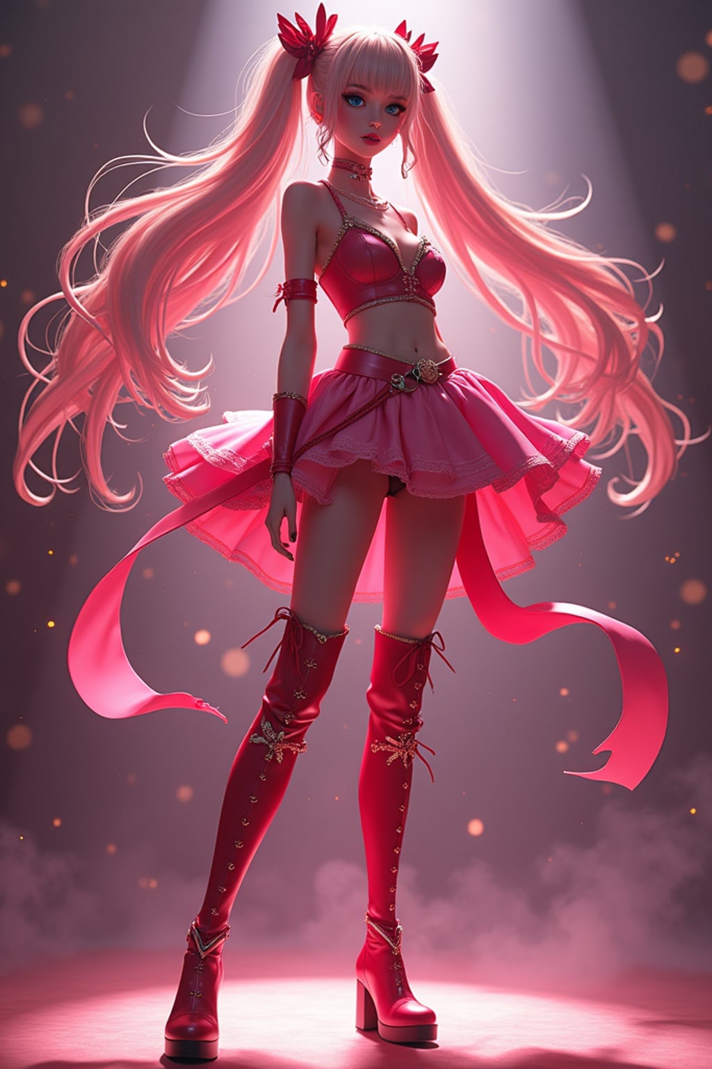 woman as anime hero, studio lights, wearing a magical girl outfit with flowing ribbons and knee-high boots , dramatic lighting, posing in a power stance