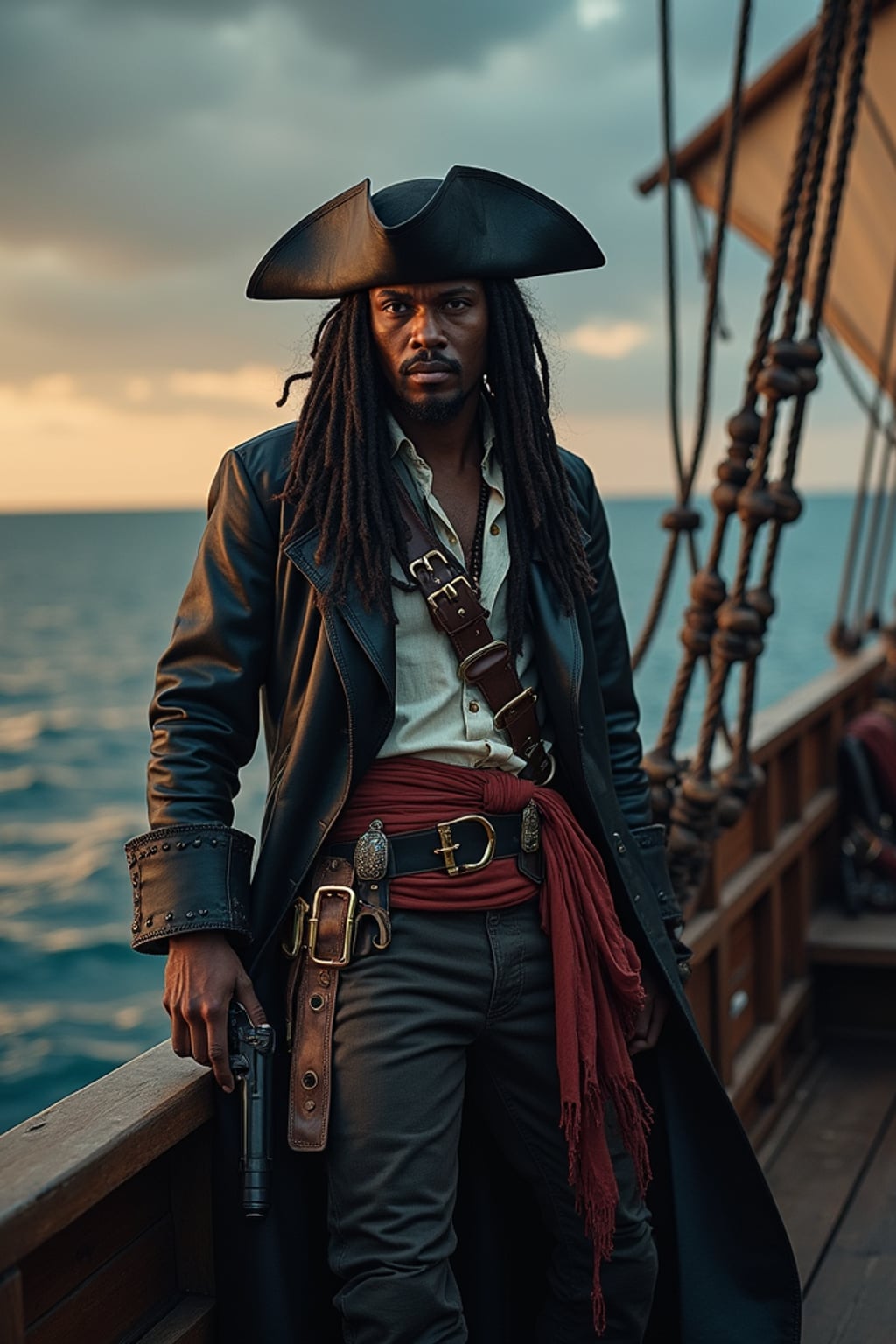 man as a pirate, on a ship deck set, wearing  a rugged pirate with a leather coat and pistol, dramatic ocean-themed props