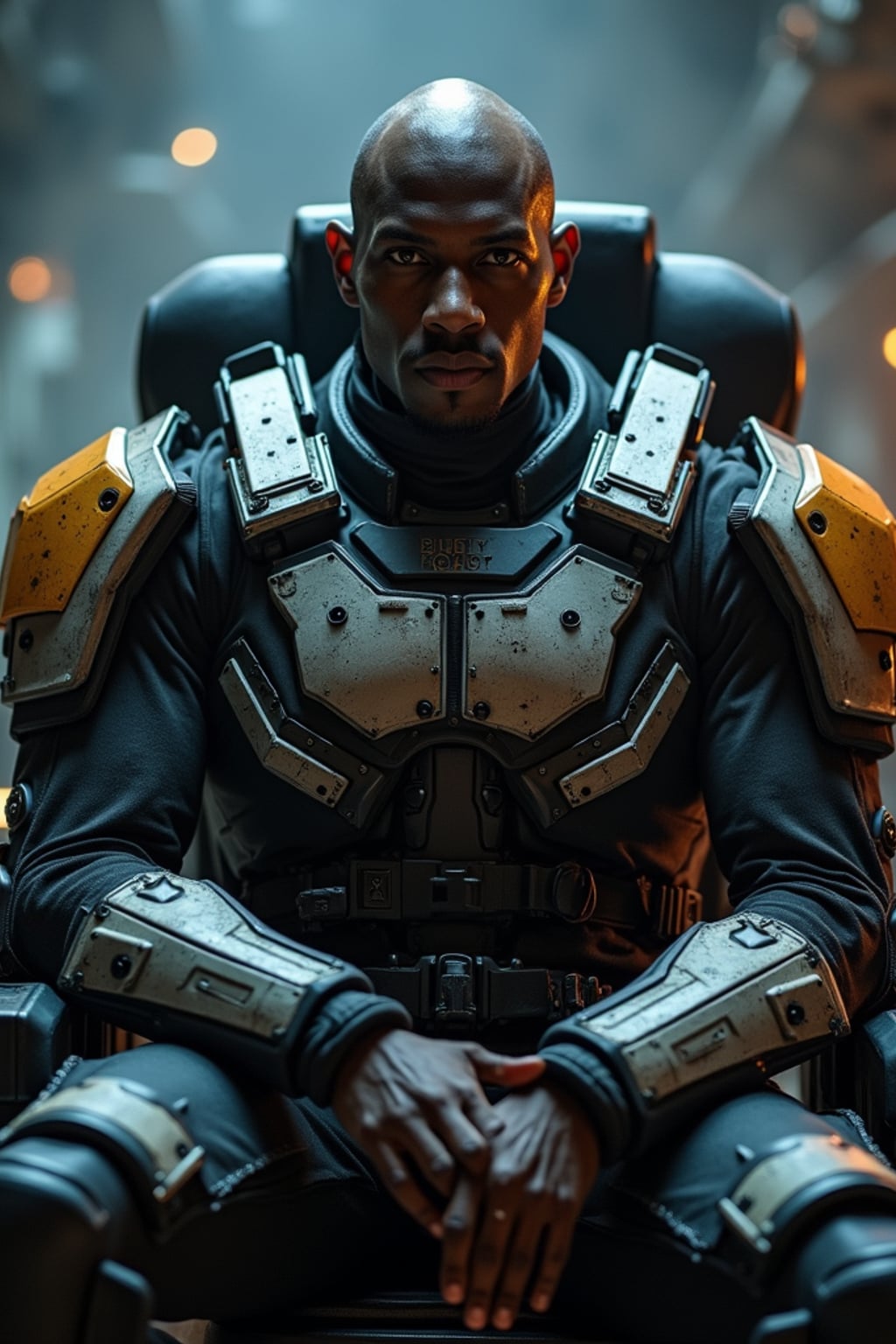 man as a mech pilot, studio setting, wearing  a rugged tactical suit with armor plates, dramatic lighting, cockpit background