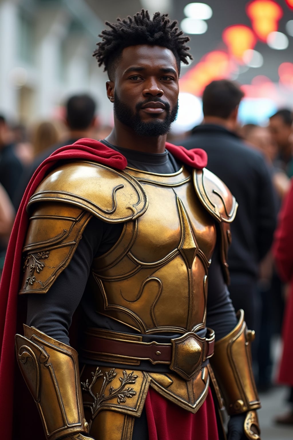 man in cosplay group photo, wearing  a heroic paladin costume with glowing armor, interacting with other cosplayers, vibrant and fun atmosphere