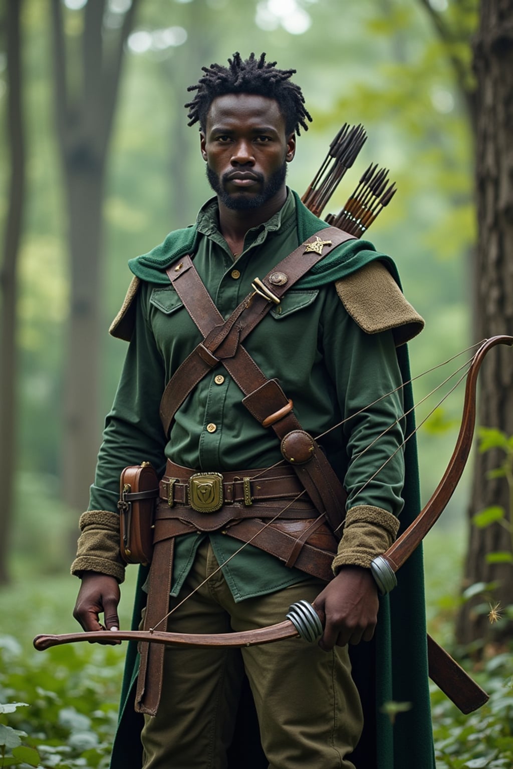 cosplayer man in a fantasy forest setting, wearing  a ranger outfit with a bow and quiver, surrounded by magical effects and greenery