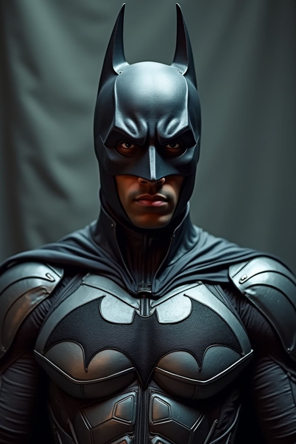 man at a cosplay photo booth, wearing  a dark knight costume with metallic armor, soft focus background, emphasizing character detail