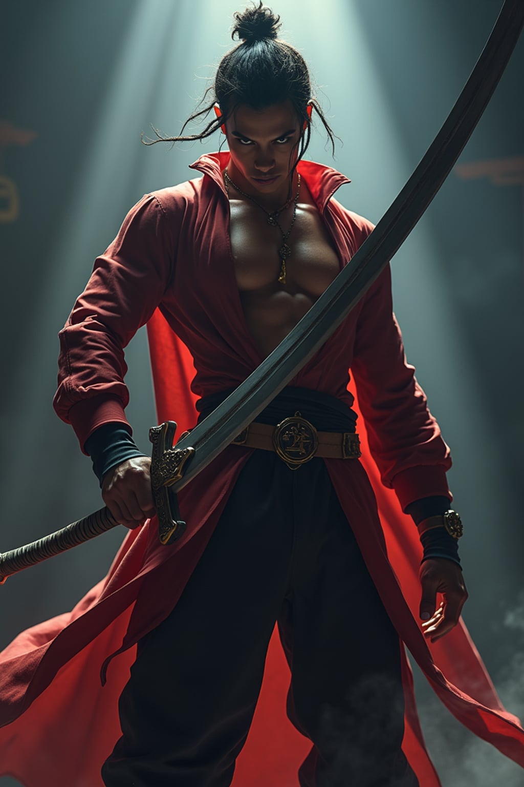 man as anime hero, studio lights, wearing  a shonen warrior outfit with oversized sword, dramatic lighting, posing in a power stance
