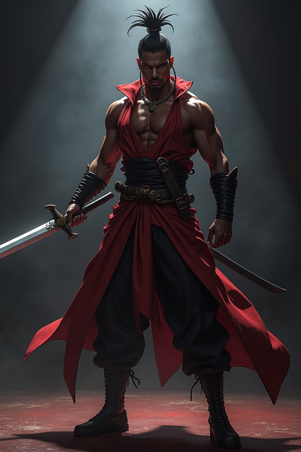 man as anime hero, studio lights, wearing  a shonen warrior outfit with oversized sword, dramatic lighting, posing in a power stance