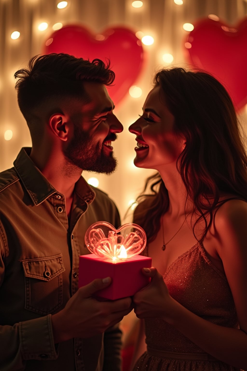 a man celebrating valentine's day, exchanging gifts and having fun in a cozy, heart-filled setting.