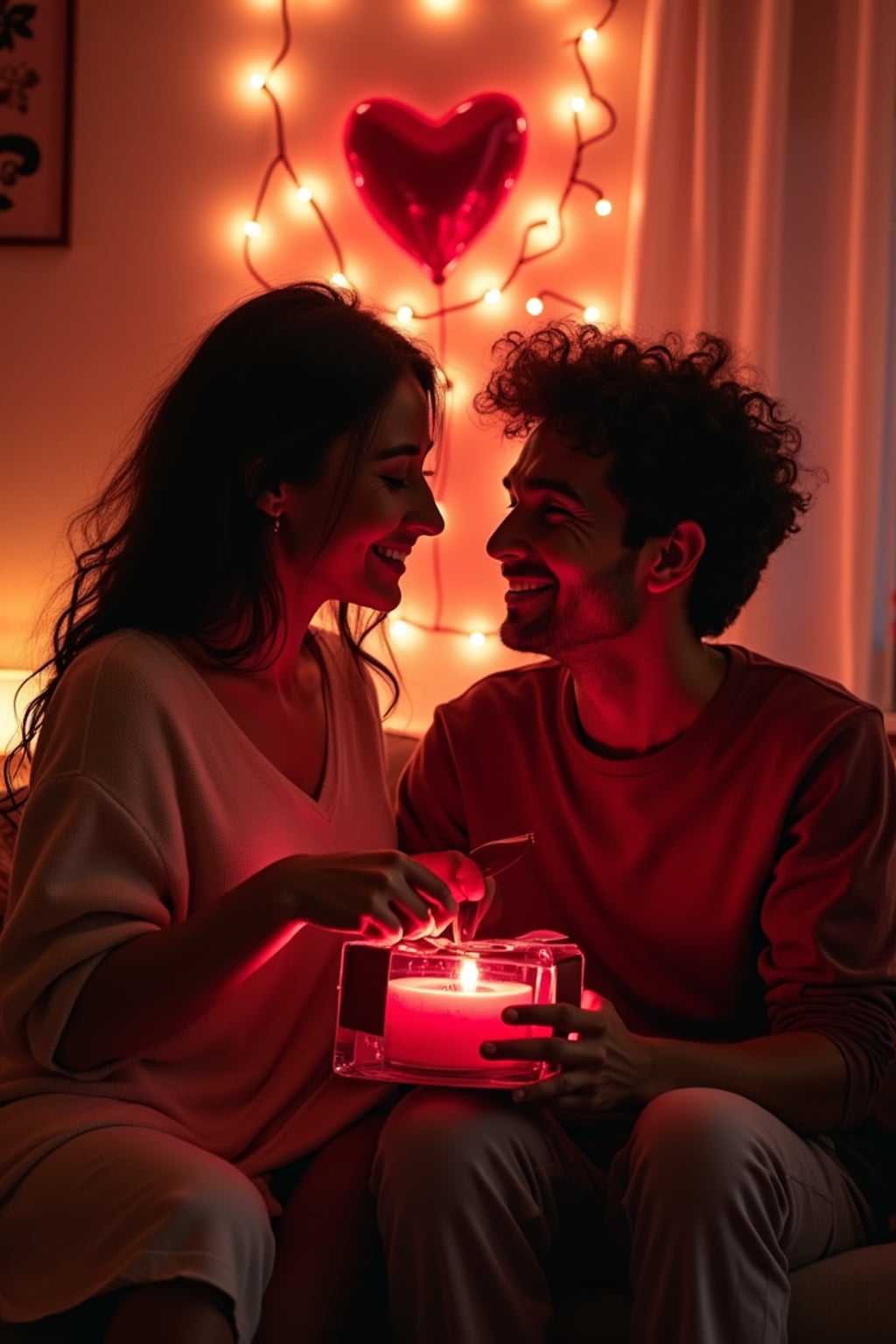 a man celebrating valentine's day, exchanging gifts and having fun in a cozy, heart-filled setting.
