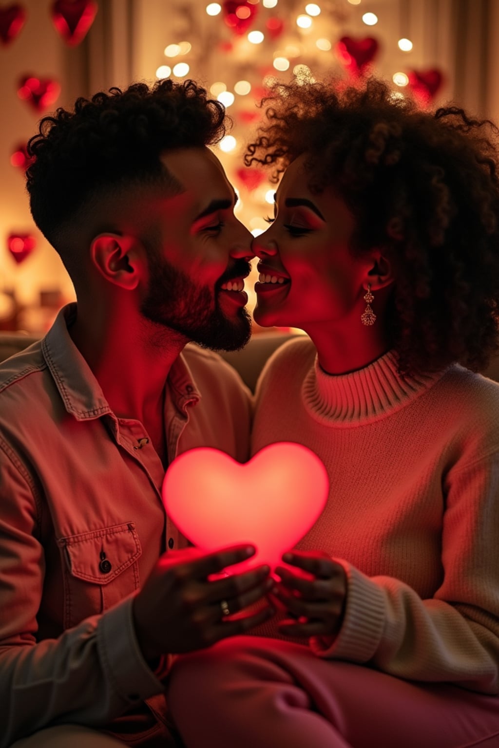 a man celebrating valentine's day, exchanging gifts and having fun in a cozy, heart-filled setting.