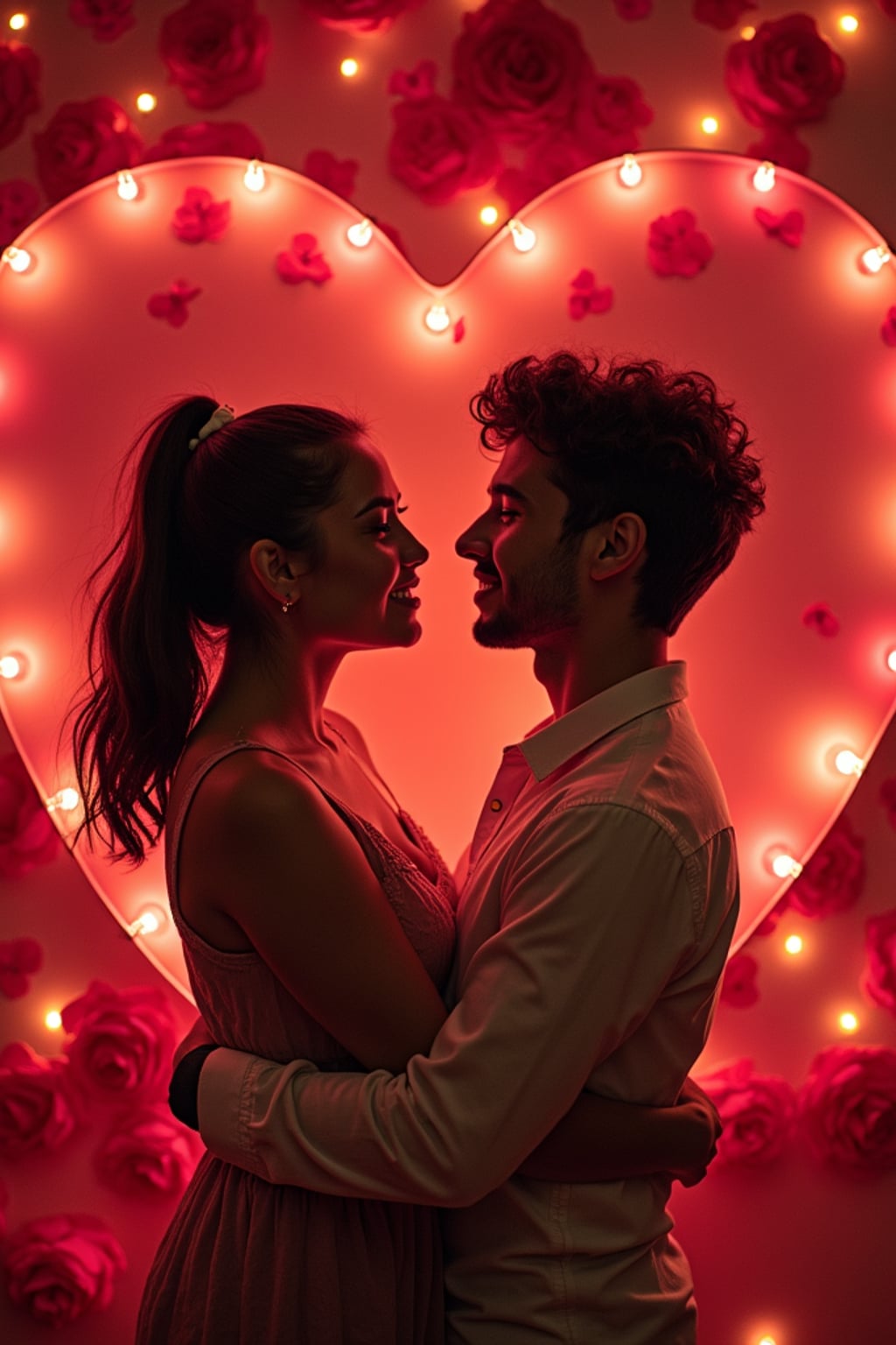 a playful man posing with giant heart decorations, surrounded by roses and festive valentine's lights.