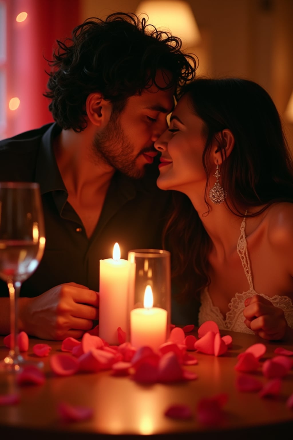 a man enjoying a romantic dinner with candles and soft lighting, set in a warm, valentine's-themed atmosphere.