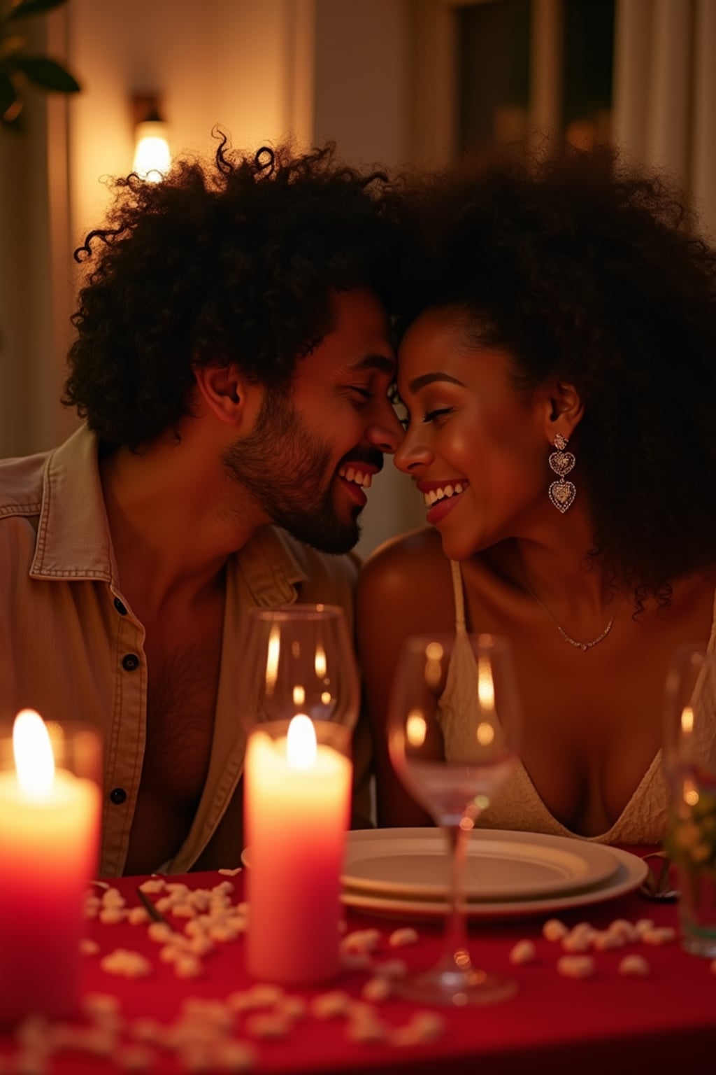 a man enjoying a romantic dinner with candles and soft lighting, set in a warm, valentine's-themed atmosphere.