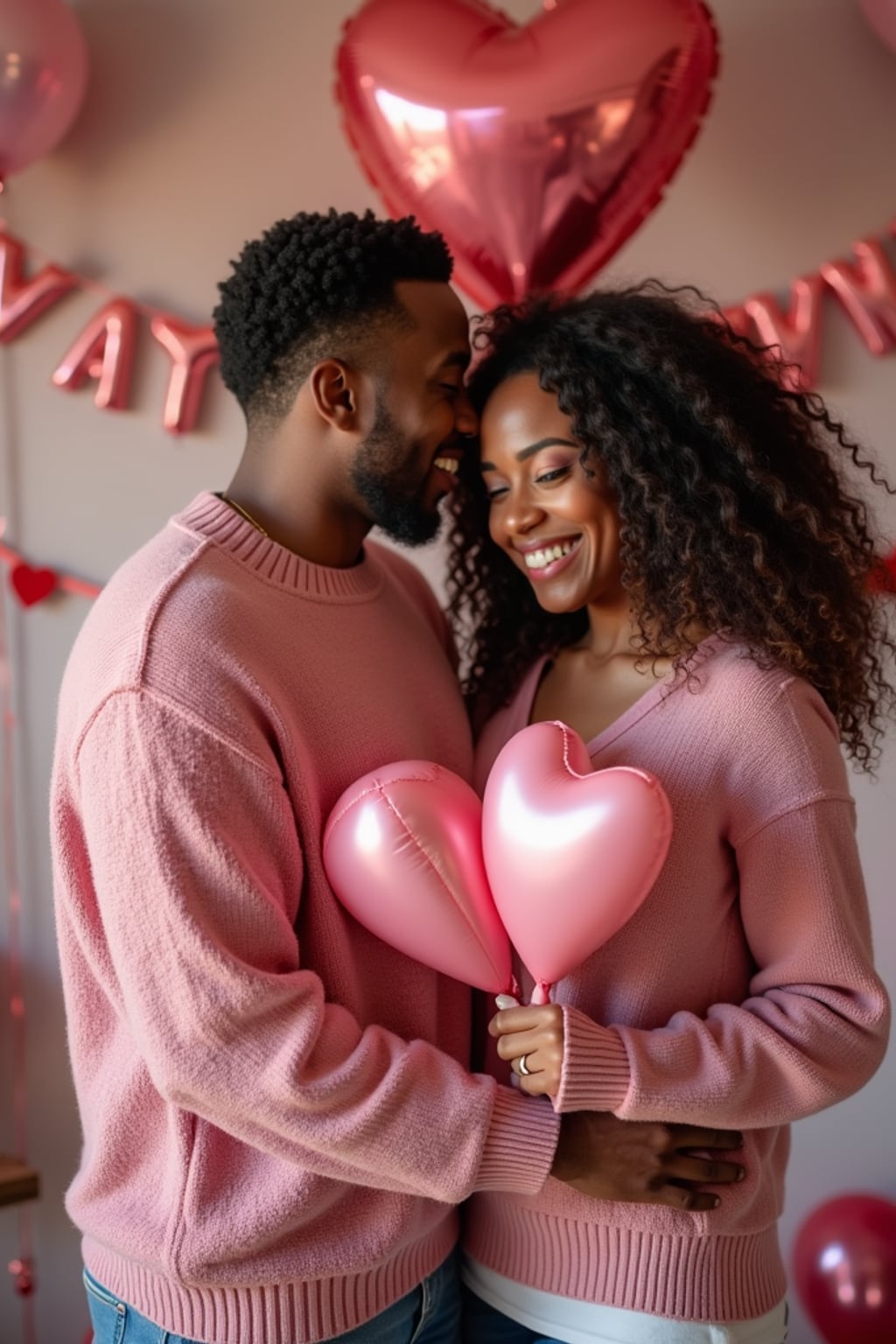 a man wearing a cute, pink valentine's day sweater, holding a heart-shaped balloon in a room filled with romantic decorations.