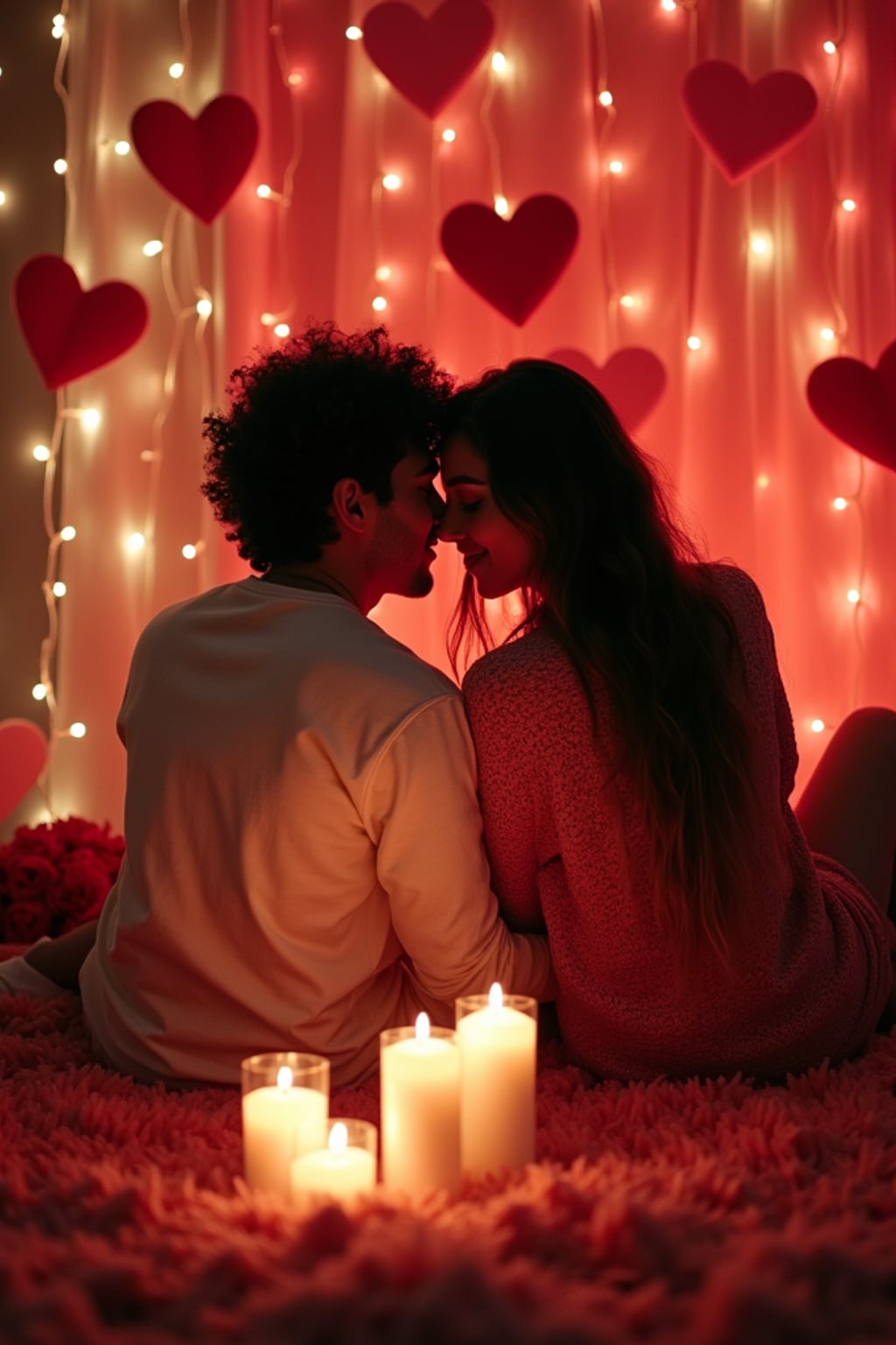 man sitting in a cozy setting, surrounded by heart decorations and candles for a valentine's-themed photo.