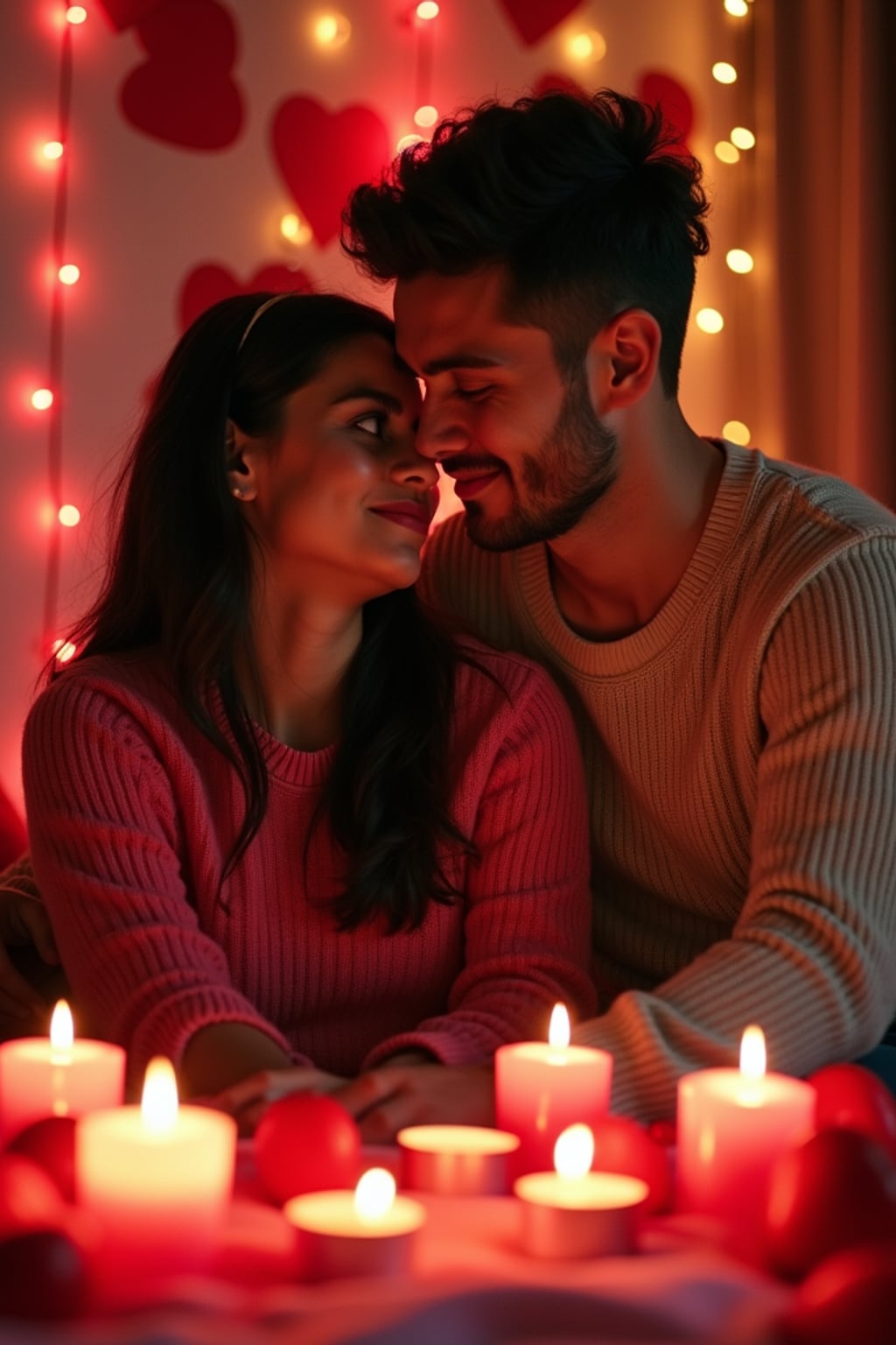 man sitting in a cozy setting, surrounded by heart decorations and candles for a valentine's-themed photo.