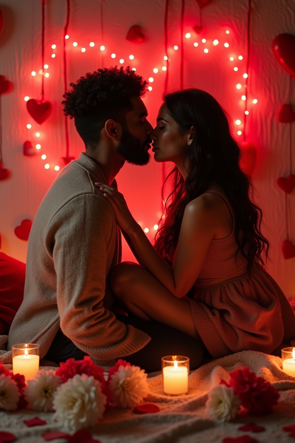 man sitting in a cozy setting, surrounded by heart decorations and candles for a valentine's-themed photo.