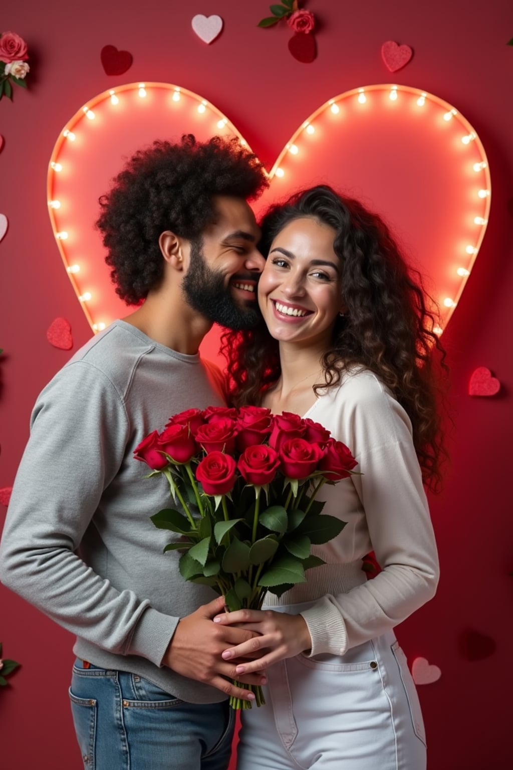 man holding a bouquet of roses, smiling in front of a heart-shaped backdrop with valentine's day decorations like chocolates and rose petals.