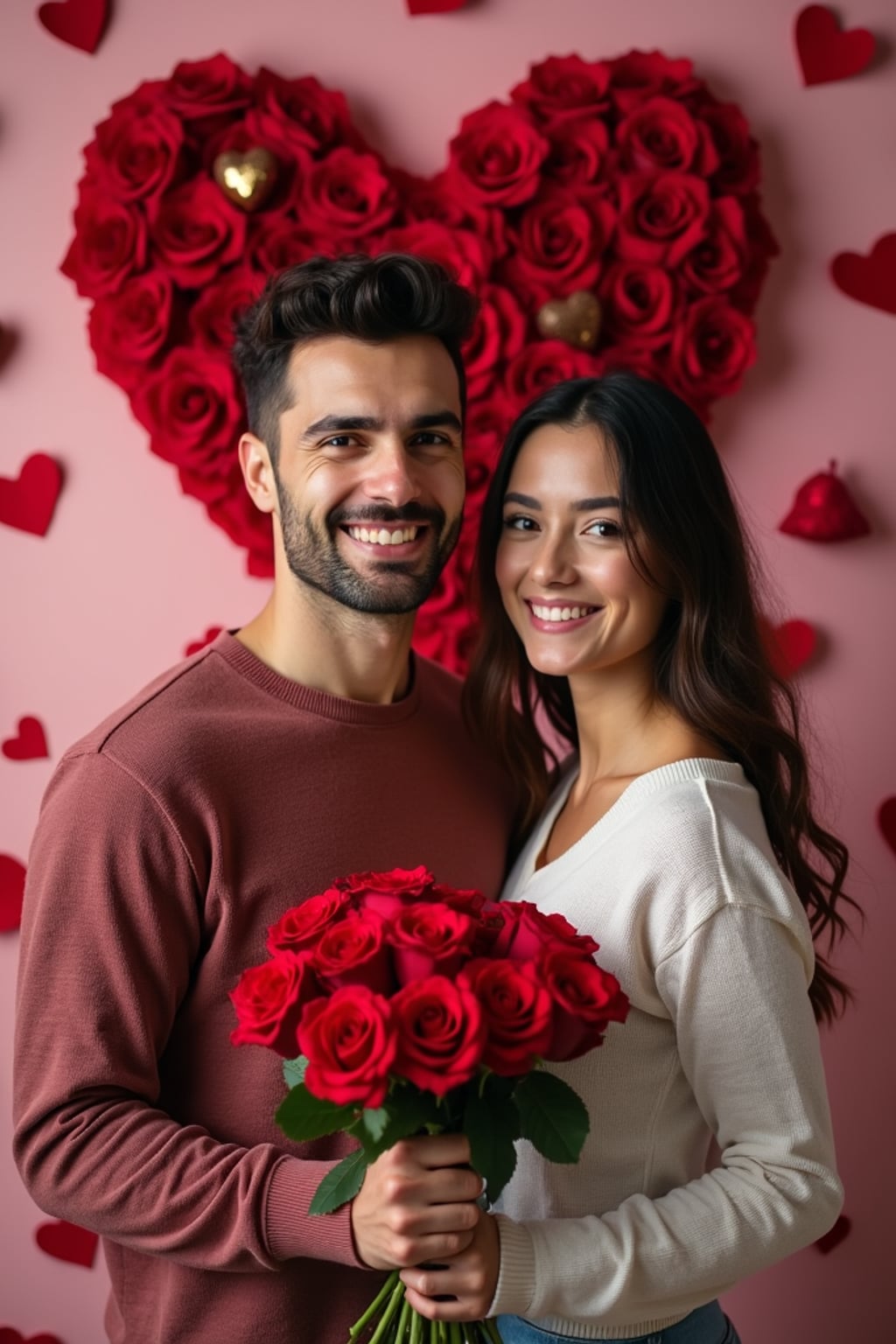 man holding a bouquet of roses, smiling in front of a heart-shaped backdrop with valentine's day decorations like chocolates and rose petals.
