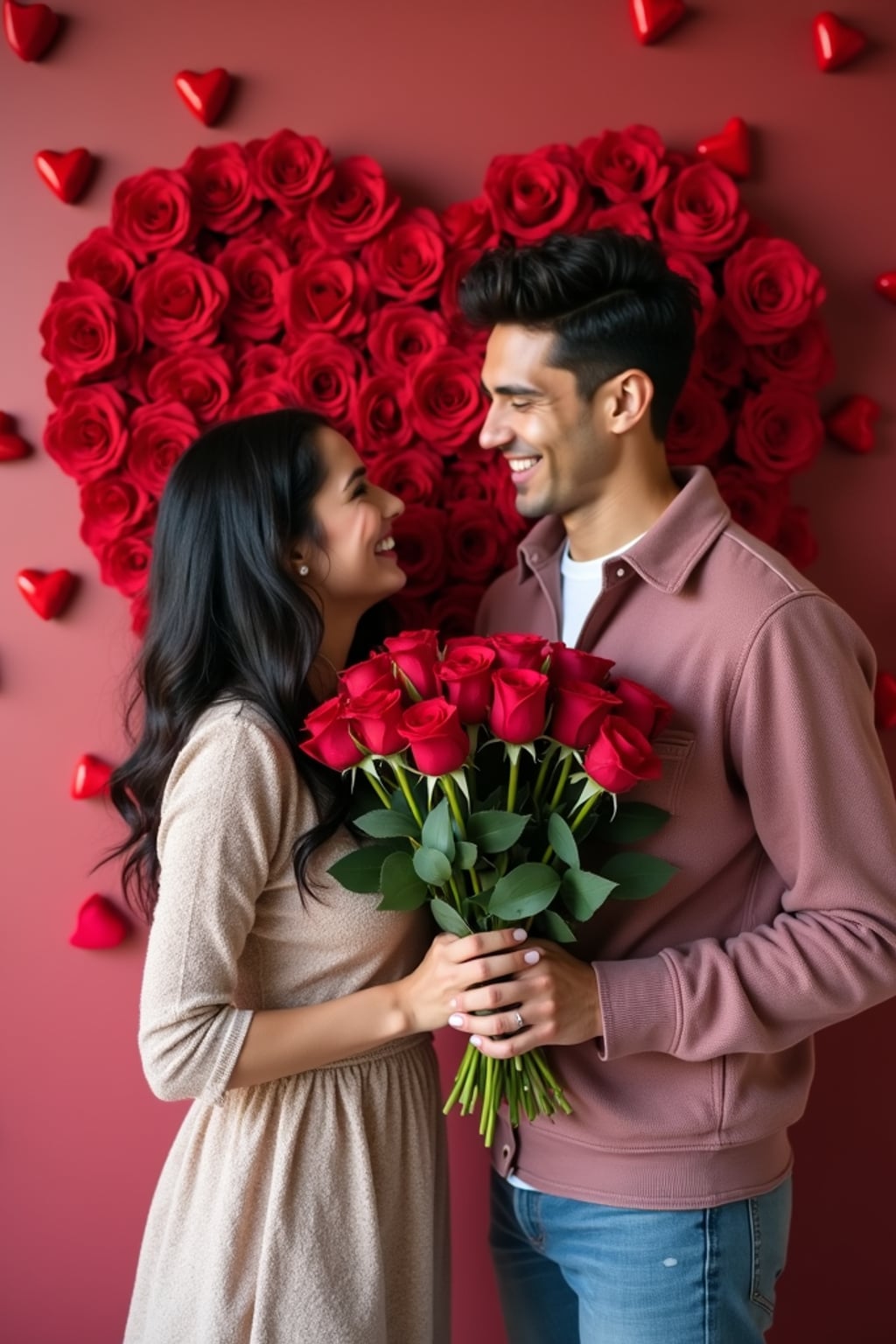 man holding a bouquet of roses, smiling in front of a heart-shaped backdrop with valentine's day decorations like chocolates and rose petals.