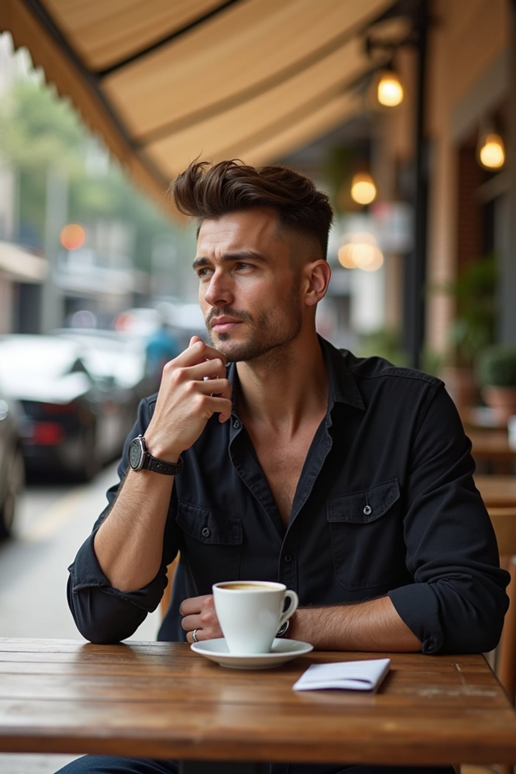 A Hollywood star caught in a candid paparazzi moment while having coffee at an upscale café. The man is dressed in  a relaxed yet stylish look with a high-end watch and sleek haircut. The setting is a charming outdoor café with luxury cars parked nearby.