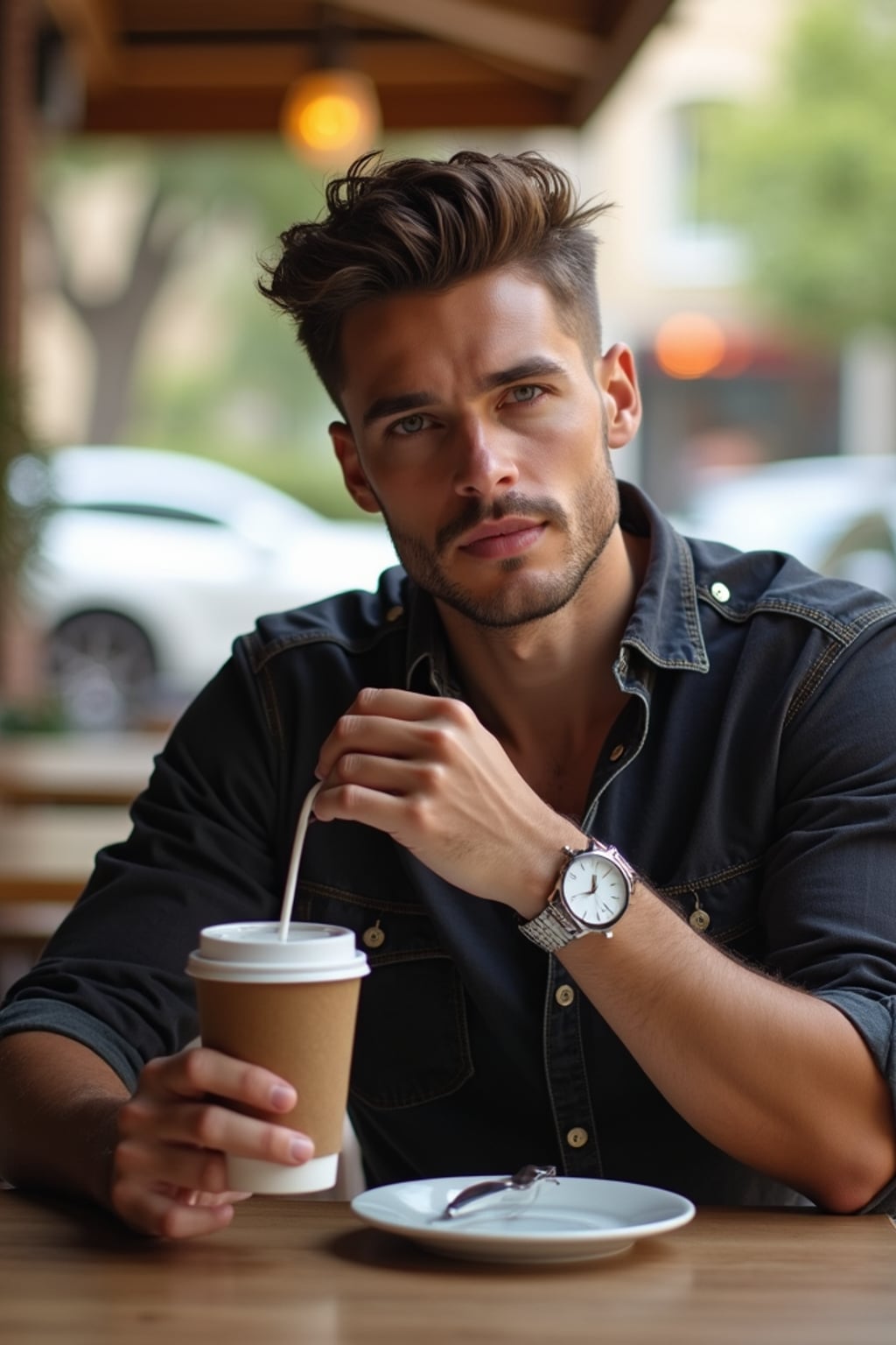 A Hollywood star caught in a candid paparazzi moment while having coffee at an upscale café. The man is dressed in  a relaxed yet stylish look with a high-end watch and sleek haircut. The setting is a charming outdoor café with luxury cars parked nearby.