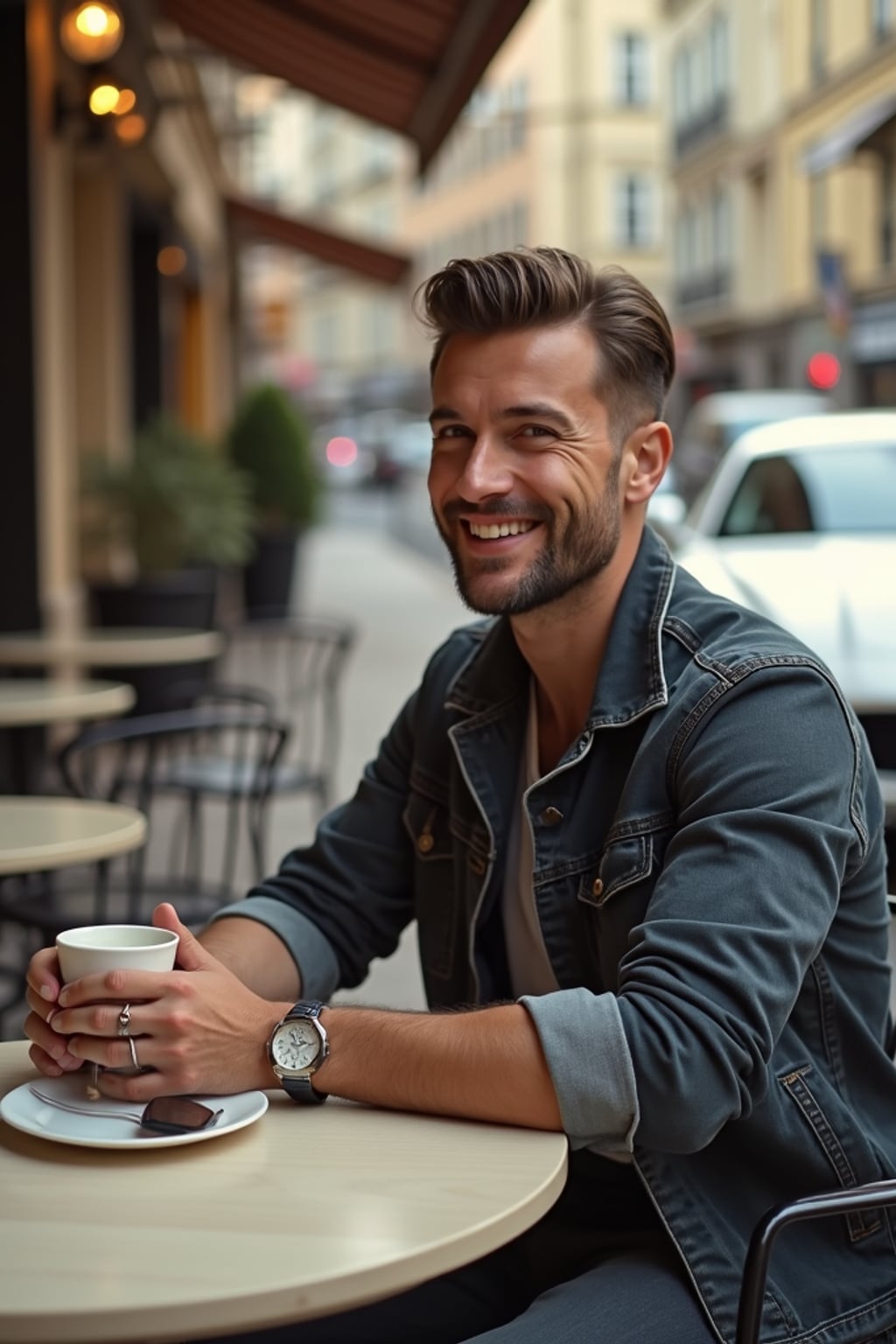 A Hollywood star caught in a candid paparazzi moment while having coffee at an upscale café. The man is dressed in  a relaxed yet stylish look with a high-end watch and sleek haircut. The setting is a charming outdoor café with luxury cars parked nearby.