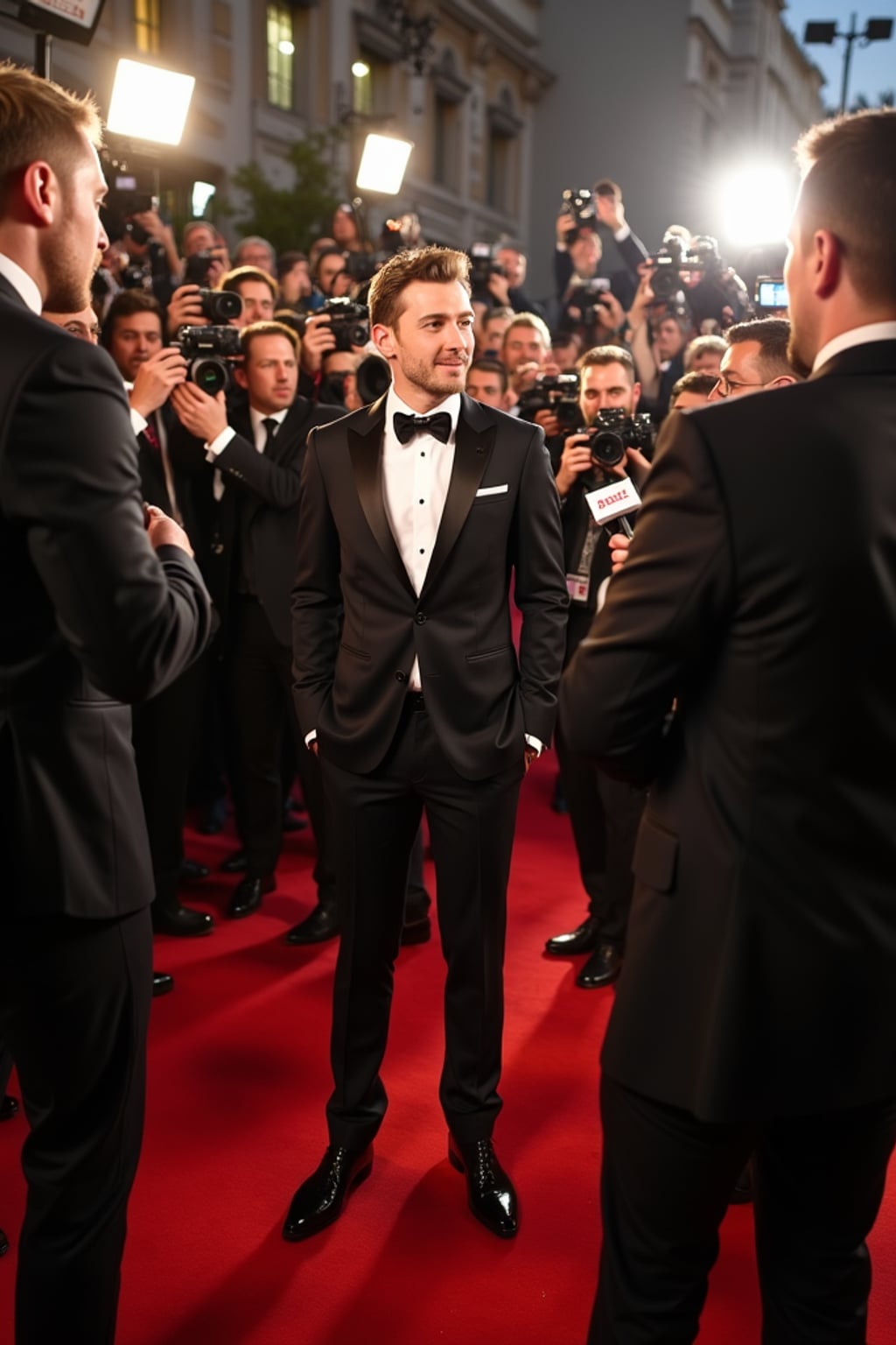 A celebrity being interviewed on the red carpet, speaking to an excited reporter while cameras flash around them. The man is wearing  a three-piece designer suit with polished dress shoes. The energy of the crowd and press is buzzing in the background.