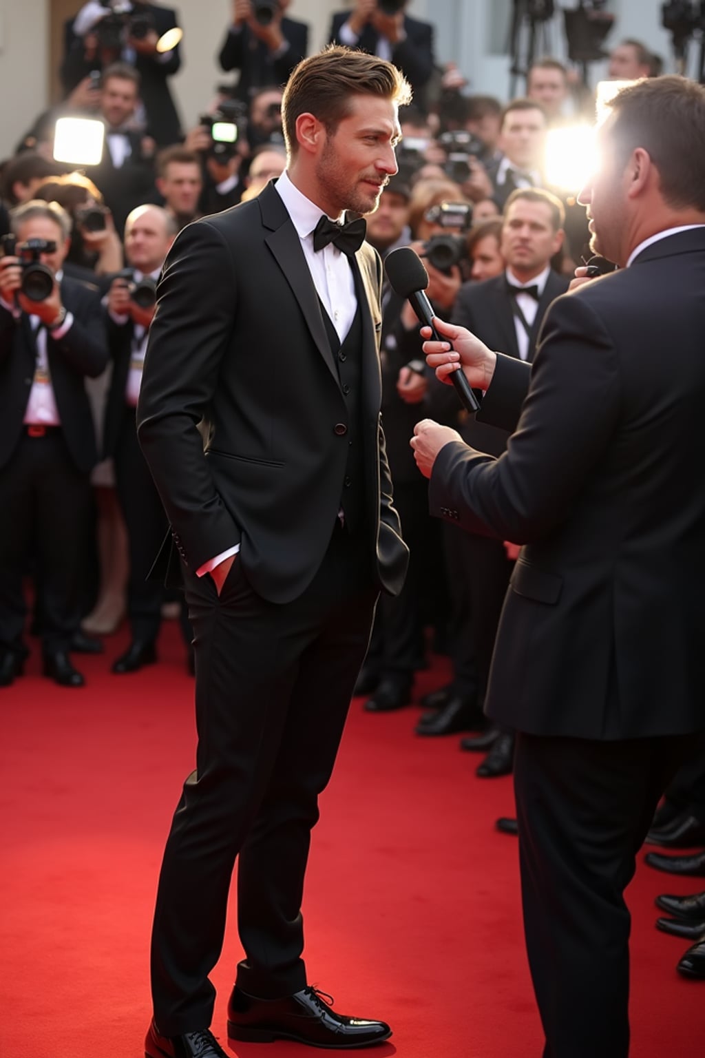 A celebrity being interviewed on the red carpet, speaking to an excited reporter while cameras flash around them. The man is wearing  a three-piece designer suit with polished dress shoes. The energy of the crowd and press is buzzing in the background.