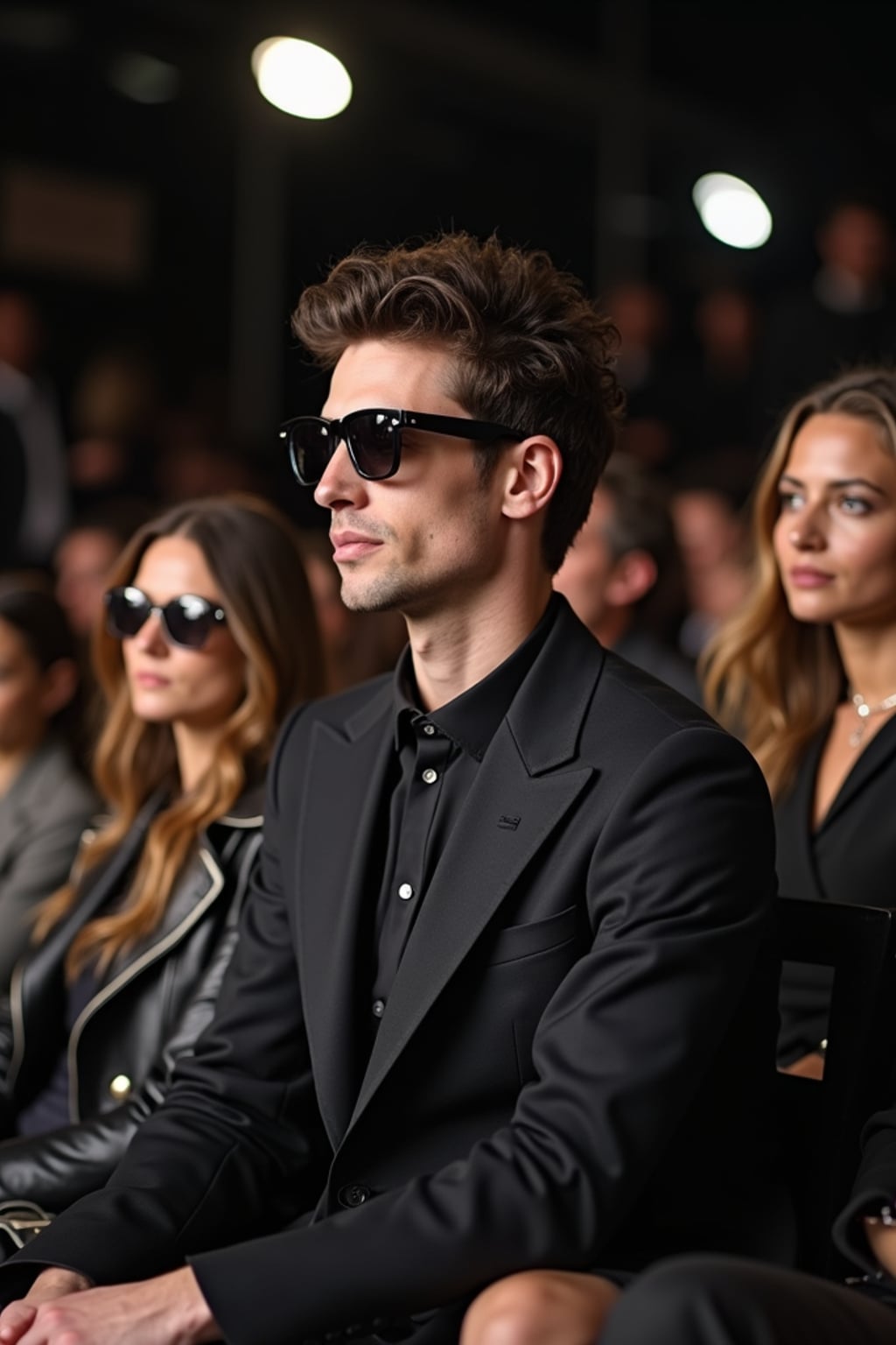 A famous influencer at an exclusive fashion show in Paris, sitting in the front row while watching mans walk the runway. The man is wearing  a tailored blazer with high-end sunglasses. The runway is elegantly lit, with other elite guests seated nearby.
