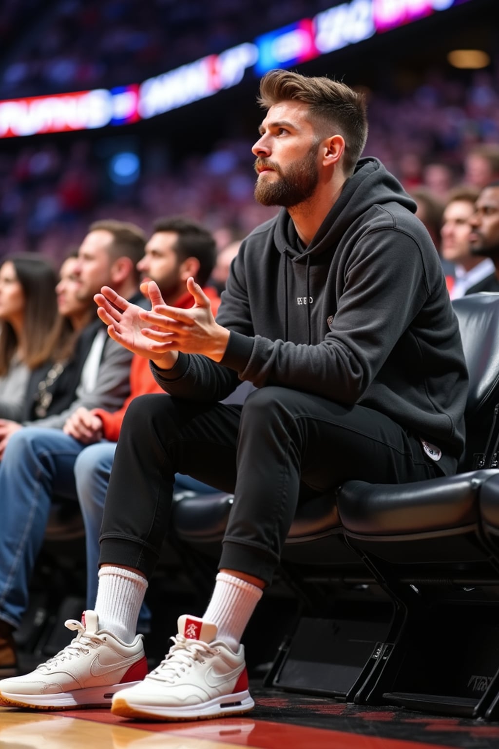 A celebrity attending a courtside NBA game, sitting in premium seats, clapping and reacting to an intense play. The man is wearing  a trendy streetwear fit with a designer hoodie and premium sneakers. The electric atmosphere of the game is visible in the background.