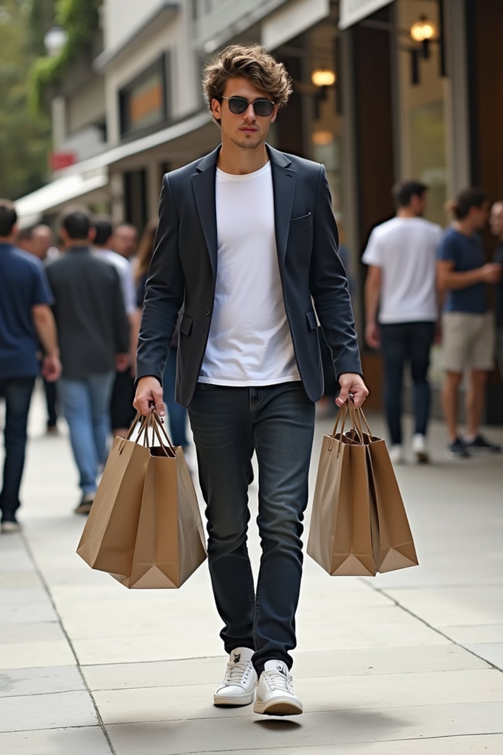 A celebrity being spotted by paparazzi while shopping in Beverly Hills, carrying multiple high-end brand shopping bags. The man is wearing  a fitted blazer over a plain white tee, paired with designer sneakers. The setting includes a high-end retail street with boutique storefronts in the background.