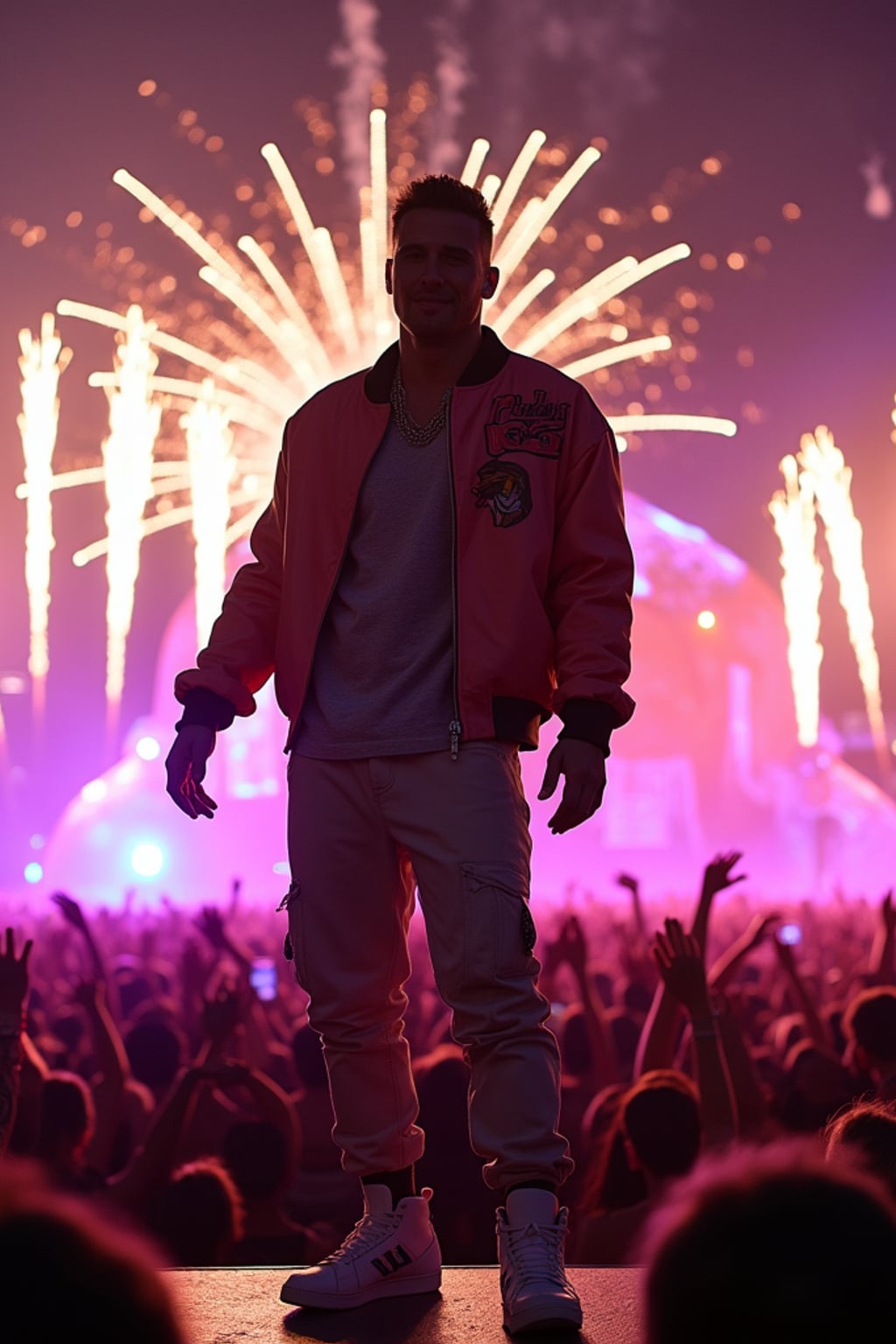 A famous pop star performing live at Coachella, standing on an elaborate stage with vibrant neon lights. The artist is dressed in  a custom streetwear ensemble with a designer jacket and sneakers. The crowd waves their hands in excitement as fireworks explode in the background.