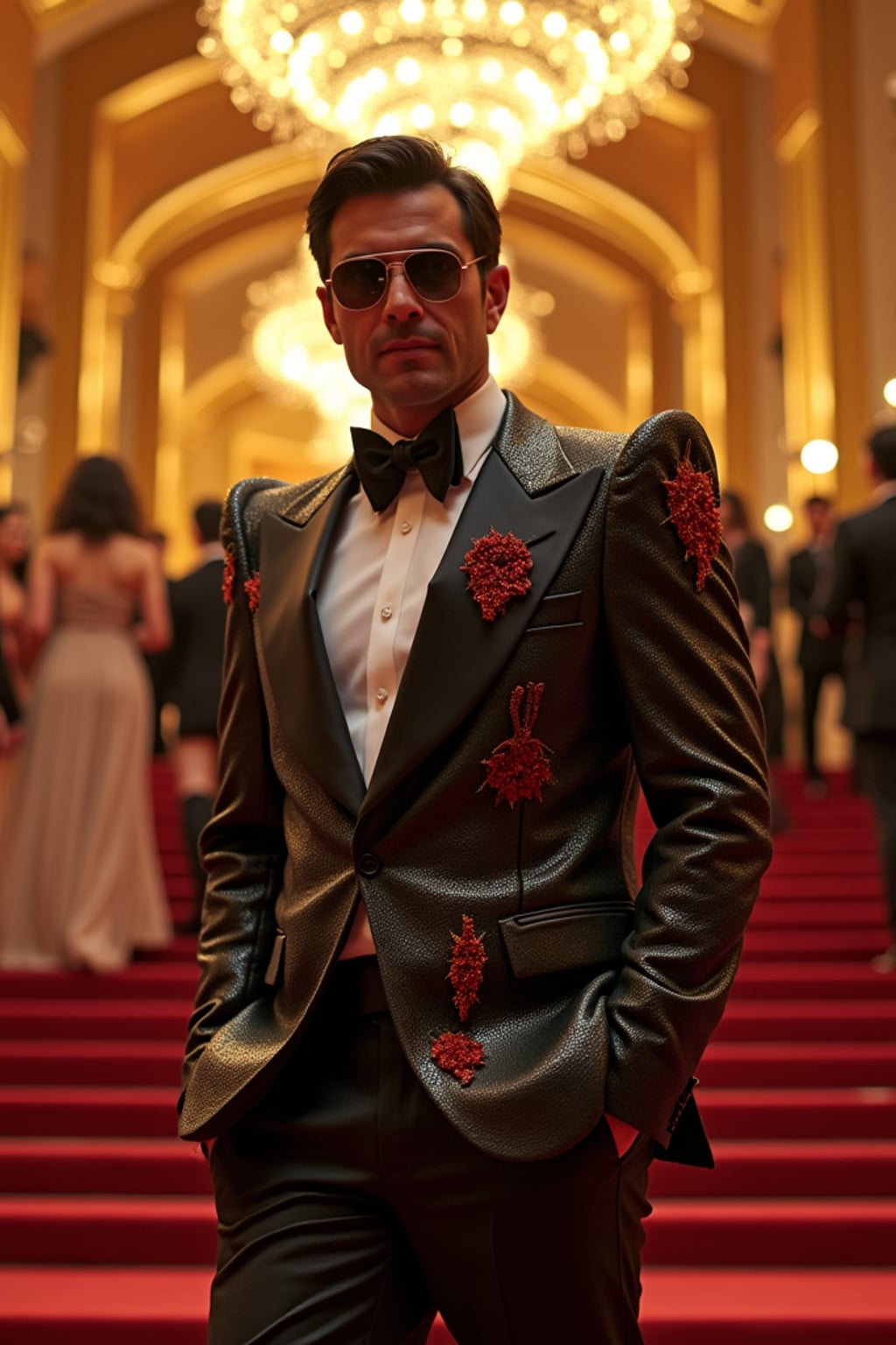A Hollywood celebrity attending an exclusive Met Gala event, posing dramatically in  a bold designer suit with unique artistic elements. The background showcases luxurious golden lighting and a grand entrance staircase filled with other elite guests.