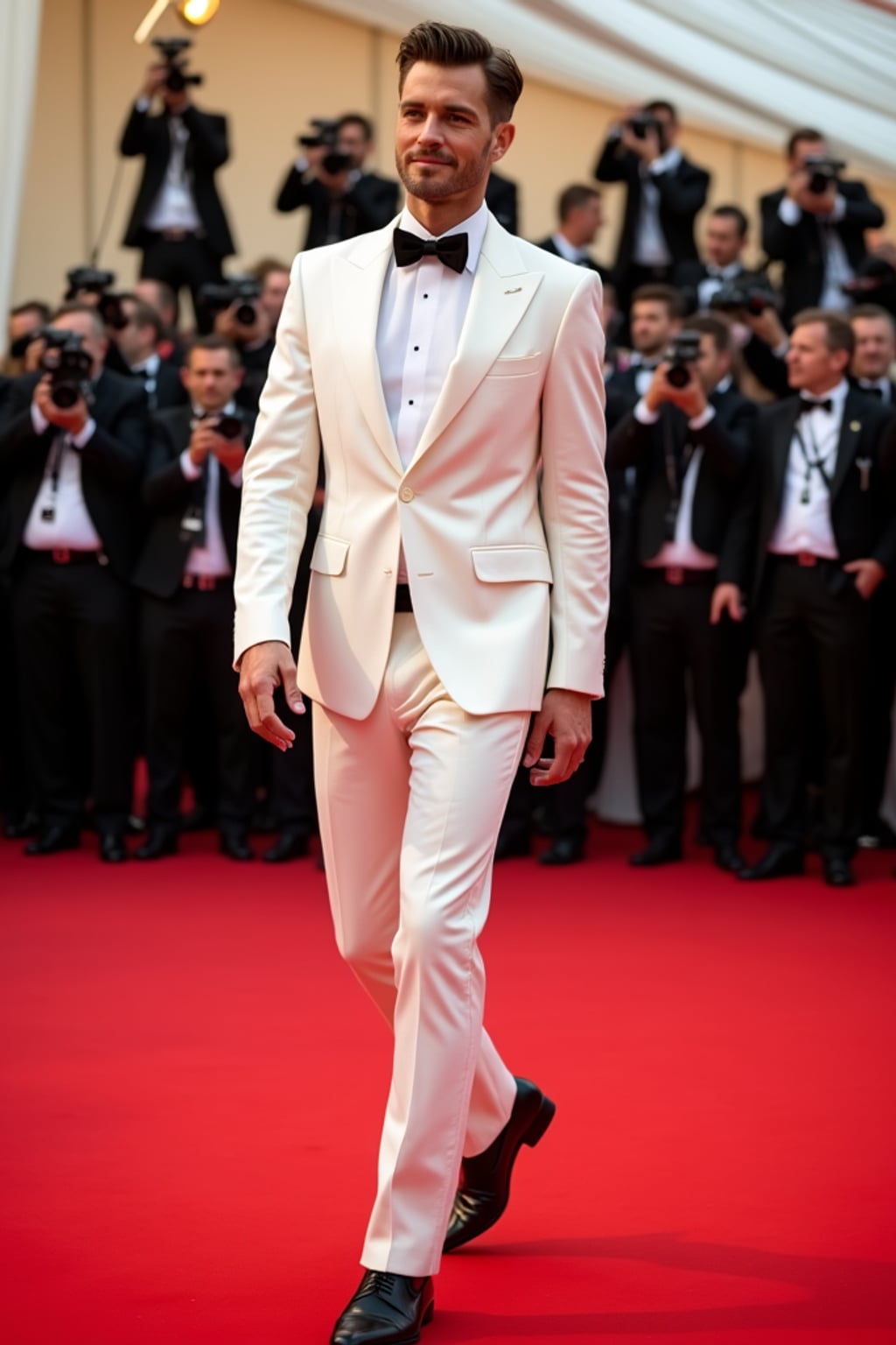 Full-body shot of a famous actor at the Cannes Film Festival, elegantly stepping onto the red carpet. The man is dressed in  a tailored white tuxedo with sleek black dress shoes. The scene is filled with flashing cameras and luxurious event decorations.