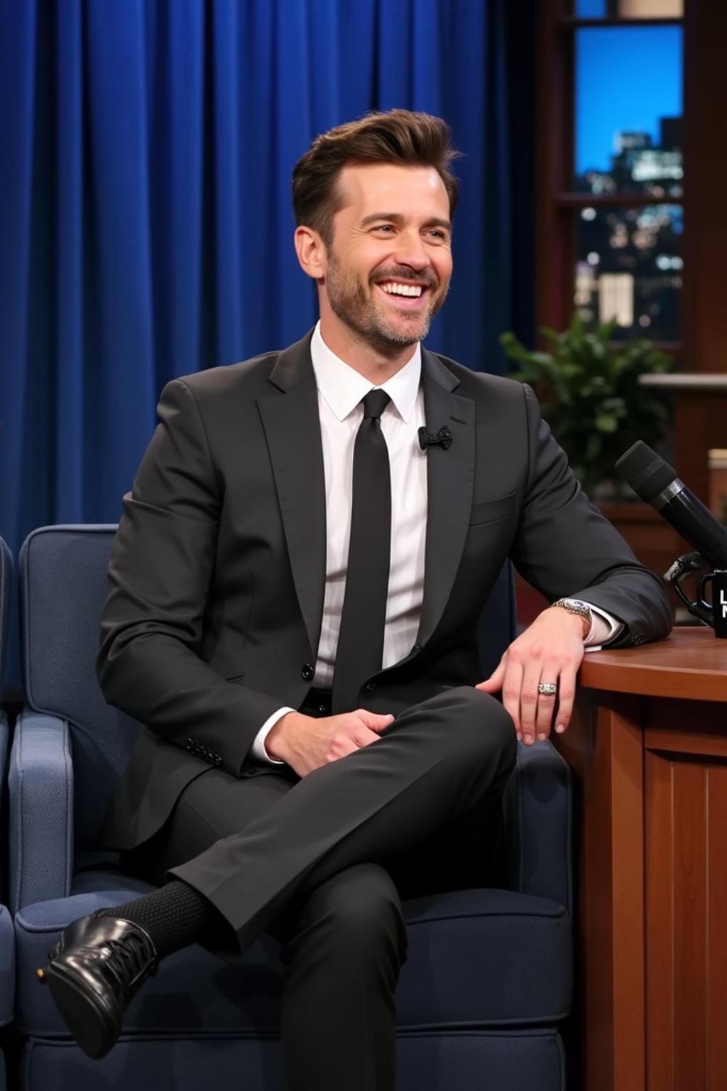 Full-body shot of a famous man sitting on the guest couch at a late-night talk show. The man is dressed in  a stylish dark suit with a crisp white shirt. The host sits behind a wooden desk, smiling and engaged in conversation. The background features the signature blue curtains, the late night show logo, and the glowing New York City skyline.