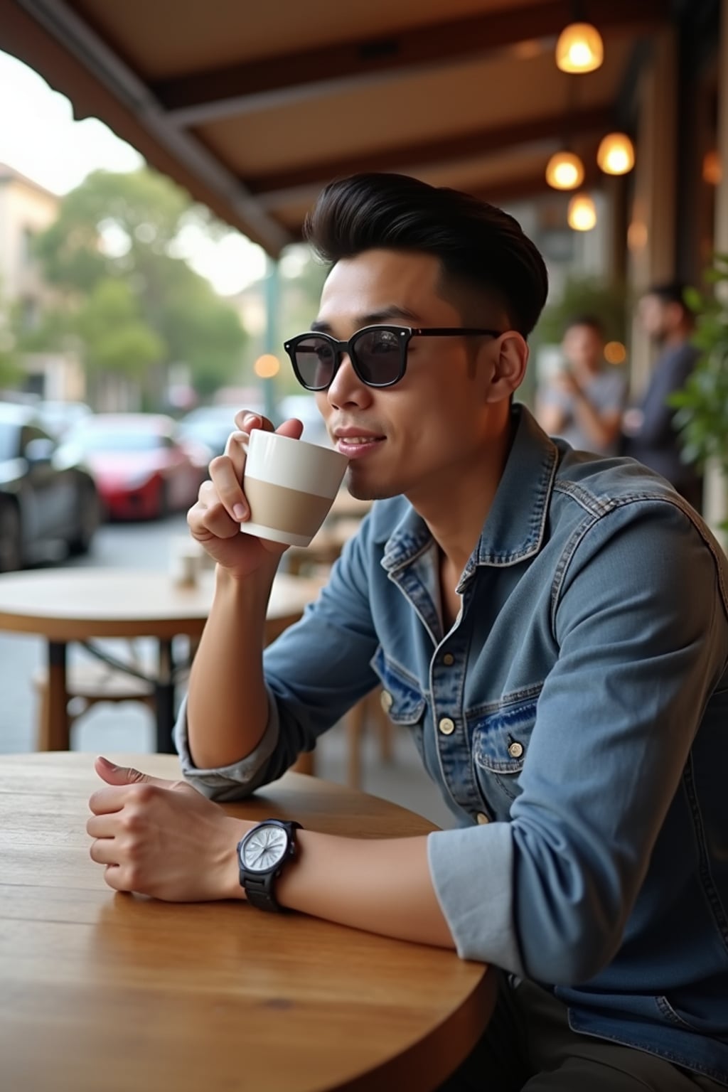 A Hollywood star caught in a candid paparazzi moment while having coffee at an upscale café. The man is dressed in  a relaxed yet stylish look with a high-end watch and sleek haircut. The setting is a charming outdoor café with luxury cars parked nearby.