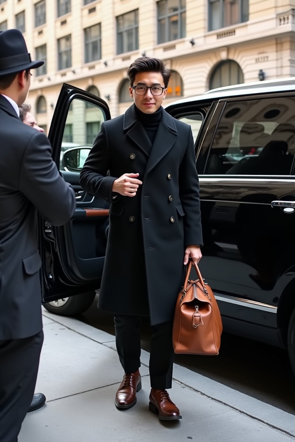 A celebrity leaving a five-star hotel in New York City, getting into a luxury black SUV while paparazzi take photos. The man is wearing  a sharp overcoat with polished dress shoes and a leather duffle bag. The urban cityscape, featuring classic New York architecture, is visible in the background.