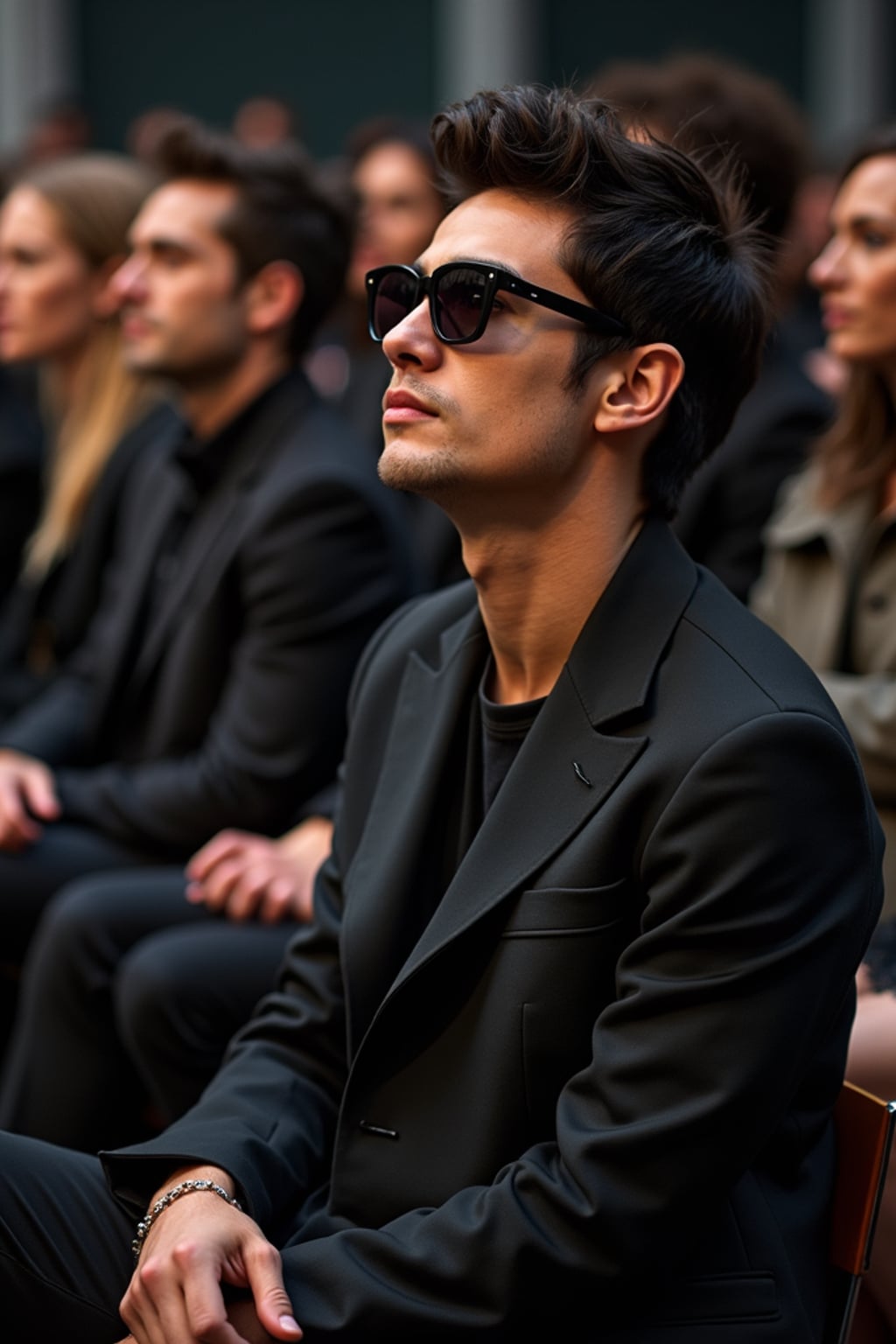A famous influencer at an exclusive fashion show in Paris, sitting in the front row while watching mans walk the runway. The man is wearing  a tailored blazer with high-end sunglasses. The runway is elegantly lit, with other elite guests seated nearby.