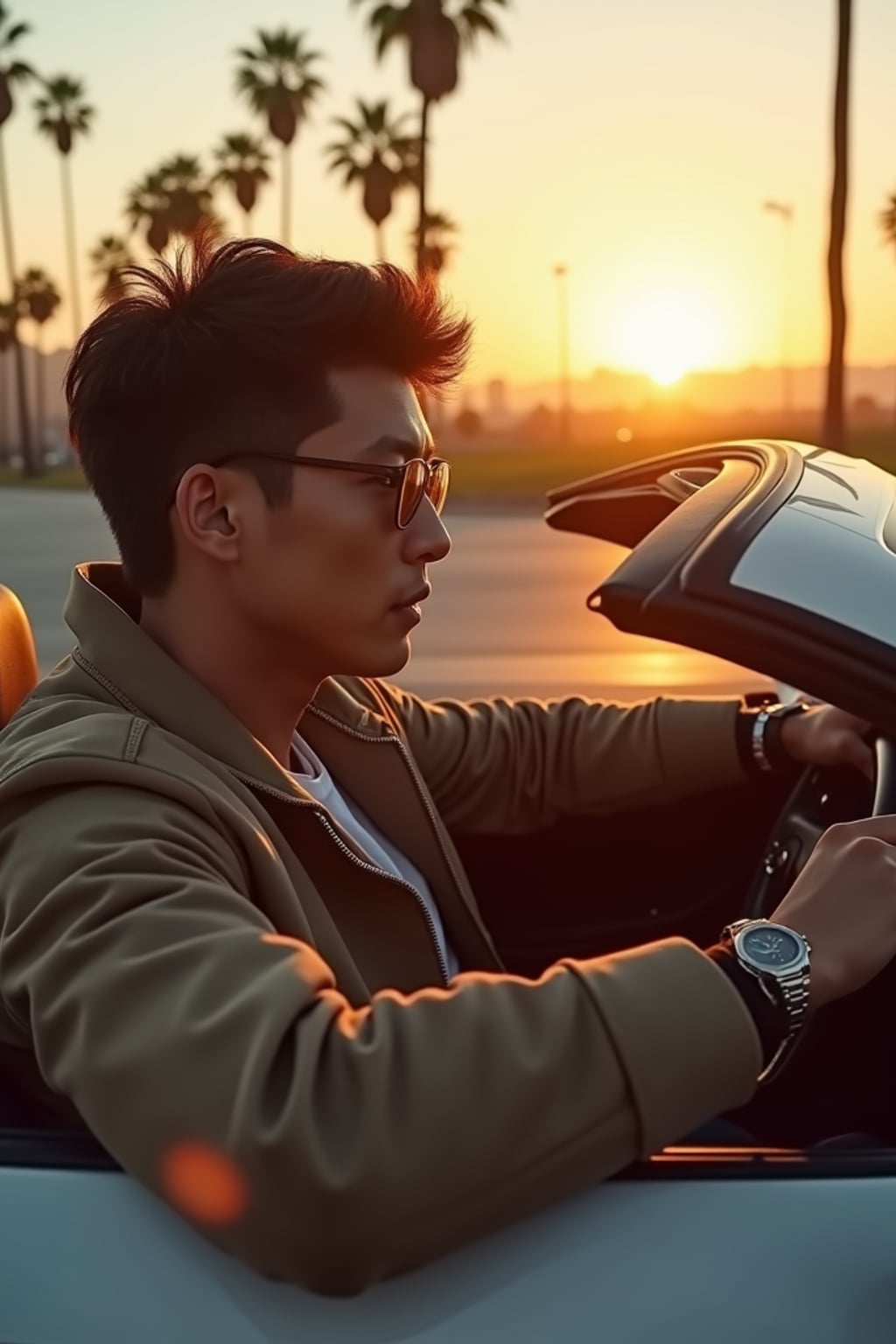 A well-known Hollywood star driving a luxury sports car through Los Angeles, exuding a powerful presence. The man is dressed in  a luxury bomber jacket with a high-end watch. The background features palm trees and the L.A. skyline glowing in the golden-hour sunset.