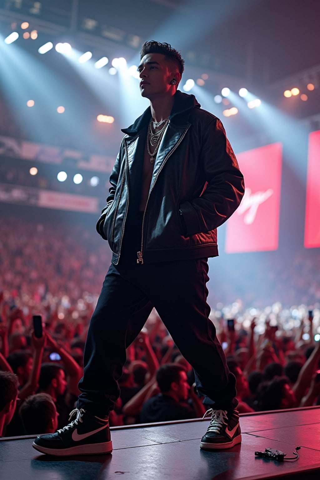 A famous rapper performing at a packed stadium concert, standing on a massive stage with LED screens and special effects. The man is wearing  a custom oversized leather jacket with designer pants and high-end sneakers. The audience holds their phones up, capturing the moment.