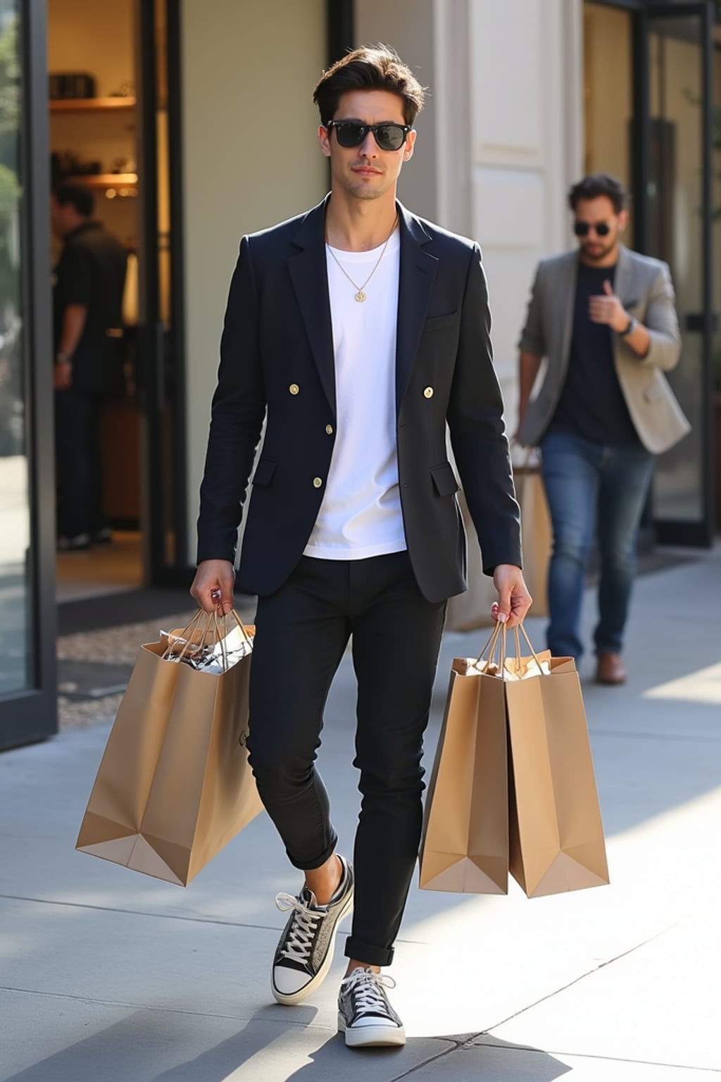 A celebrity being spotted by paparazzi while shopping in Beverly Hills, carrying multiple high-end brand shopping bags. The man is wearing  a fitted blazer over a plain white tee, paired with designer sneakers. The setting includes a high-end retail street with boutique storefronts in the background.