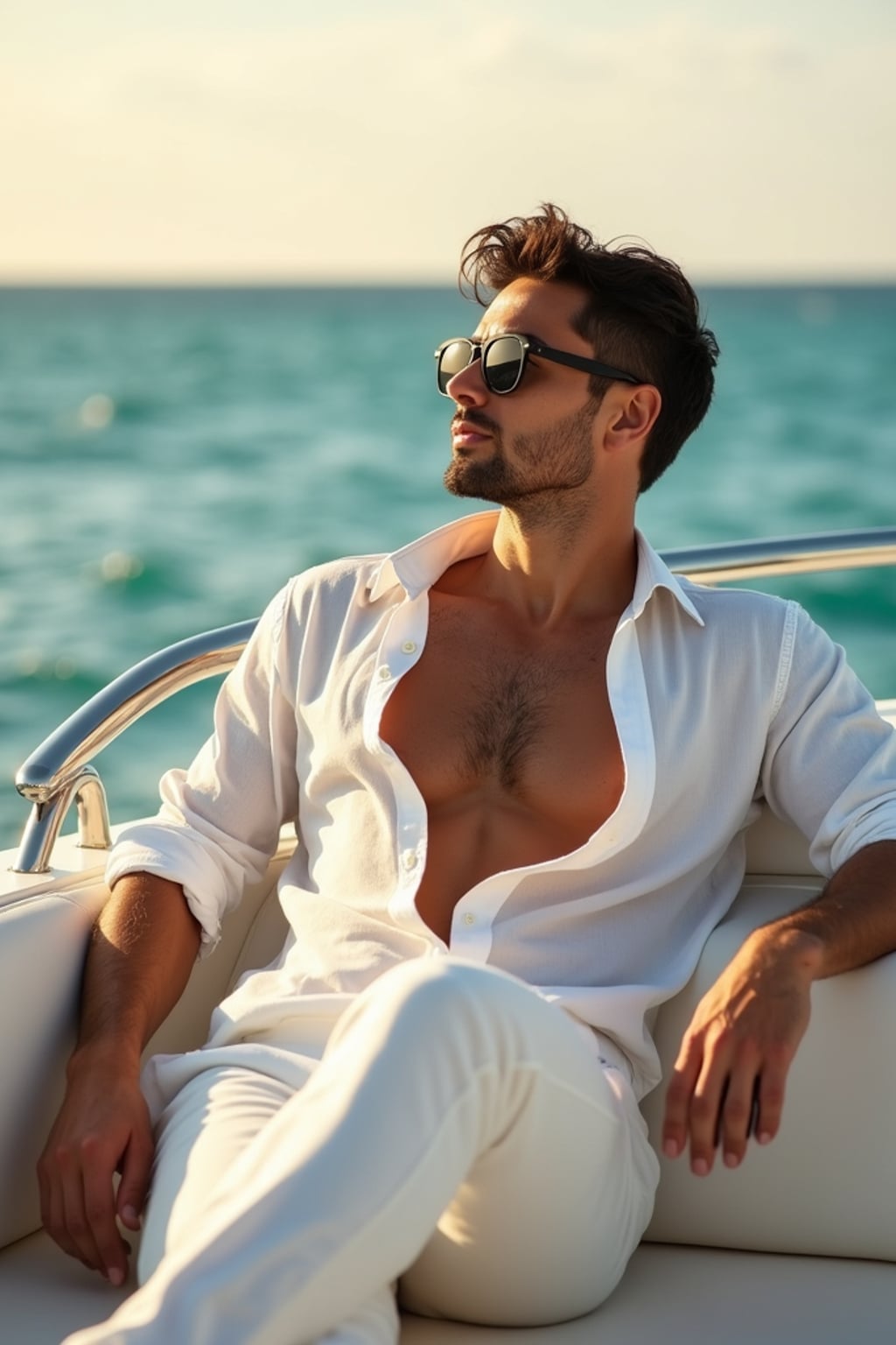 A celebrity relaxing on a luxurious yacht in the Mediterranean, enjoying a high-end vacation. The man is wearing  white linen pants with an open shirt, accessorized with luxury sunglasses. The backdrop features turquoise ocean waves, golden sunlight, and a glamorous setting.