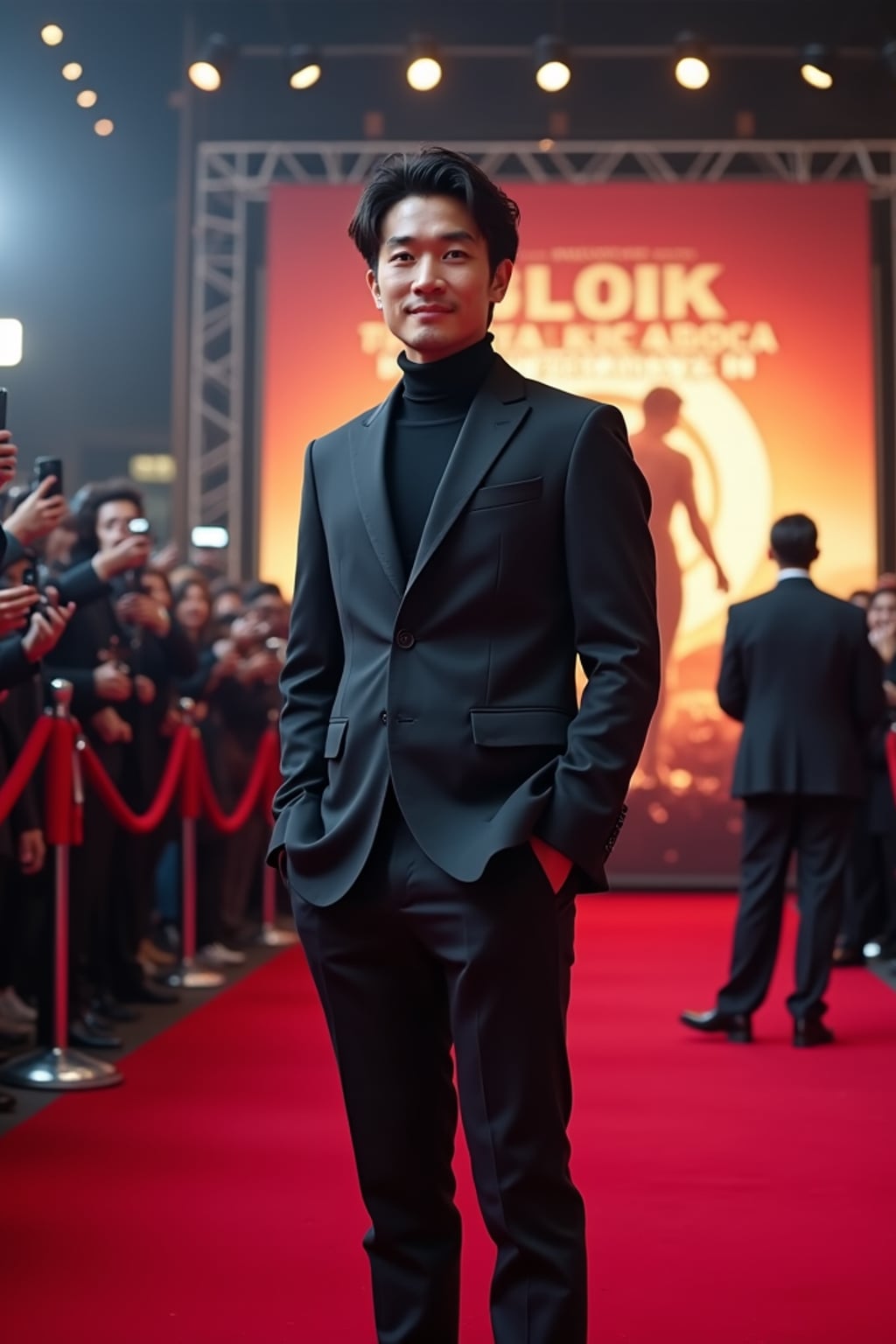 A famous Hollywood actor attending a blockbuster movie premiere, standing in front of a massive event backdrop featuring the movie title and logo. The man is dressed in  a smart, fitted blazer over a turtleneck with leather dress shoes. The atmosphere is filled with eager fans and flashing paparazzi cameras.