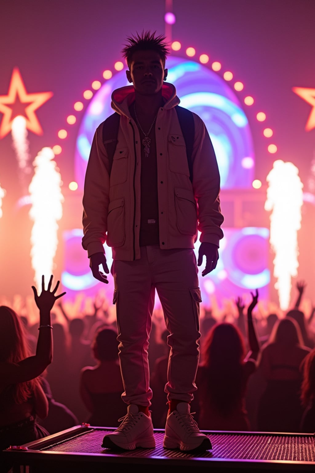 A famous pop star performing live at Coachella, standing on an elaborate stage with vibrant neon lights. The artist is dressed in  a custom streetwear ensemble with a designer jacket and sneakers. The crowd waves their hands in excitement as fireworks explode in the background.