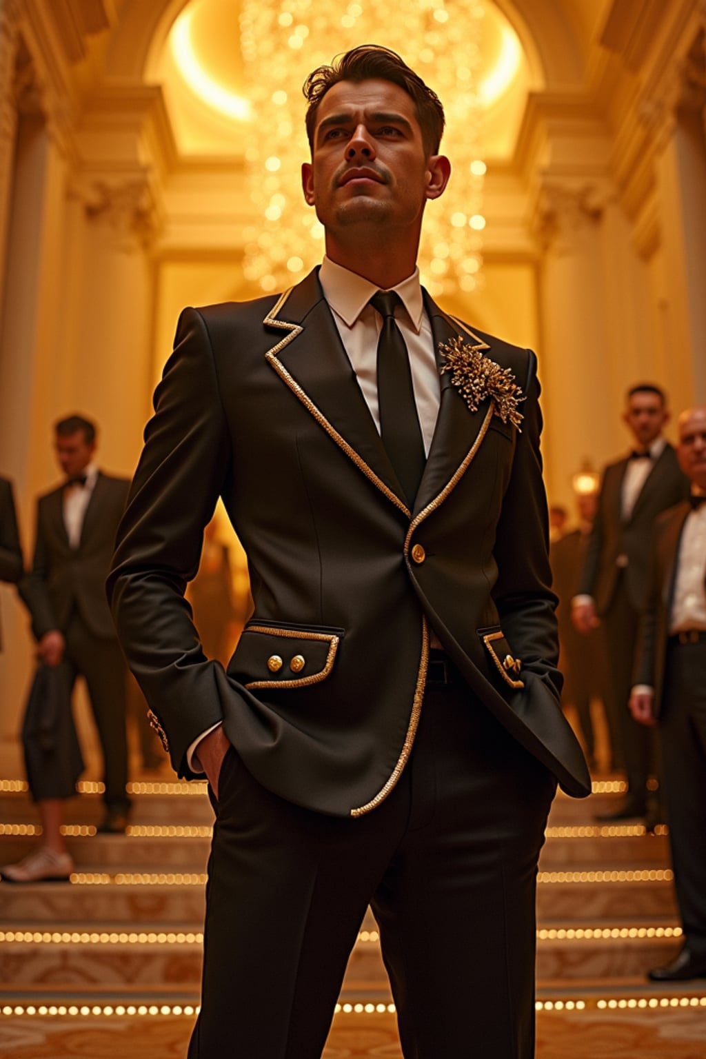 A Hollywood celebrity attending an exclusive Met Gala event, posing dramatically in  a bold designer suit with unique artistic elements. The background showcases luxurious golden lighting and a grand entrance staircase filled with other elite guests.