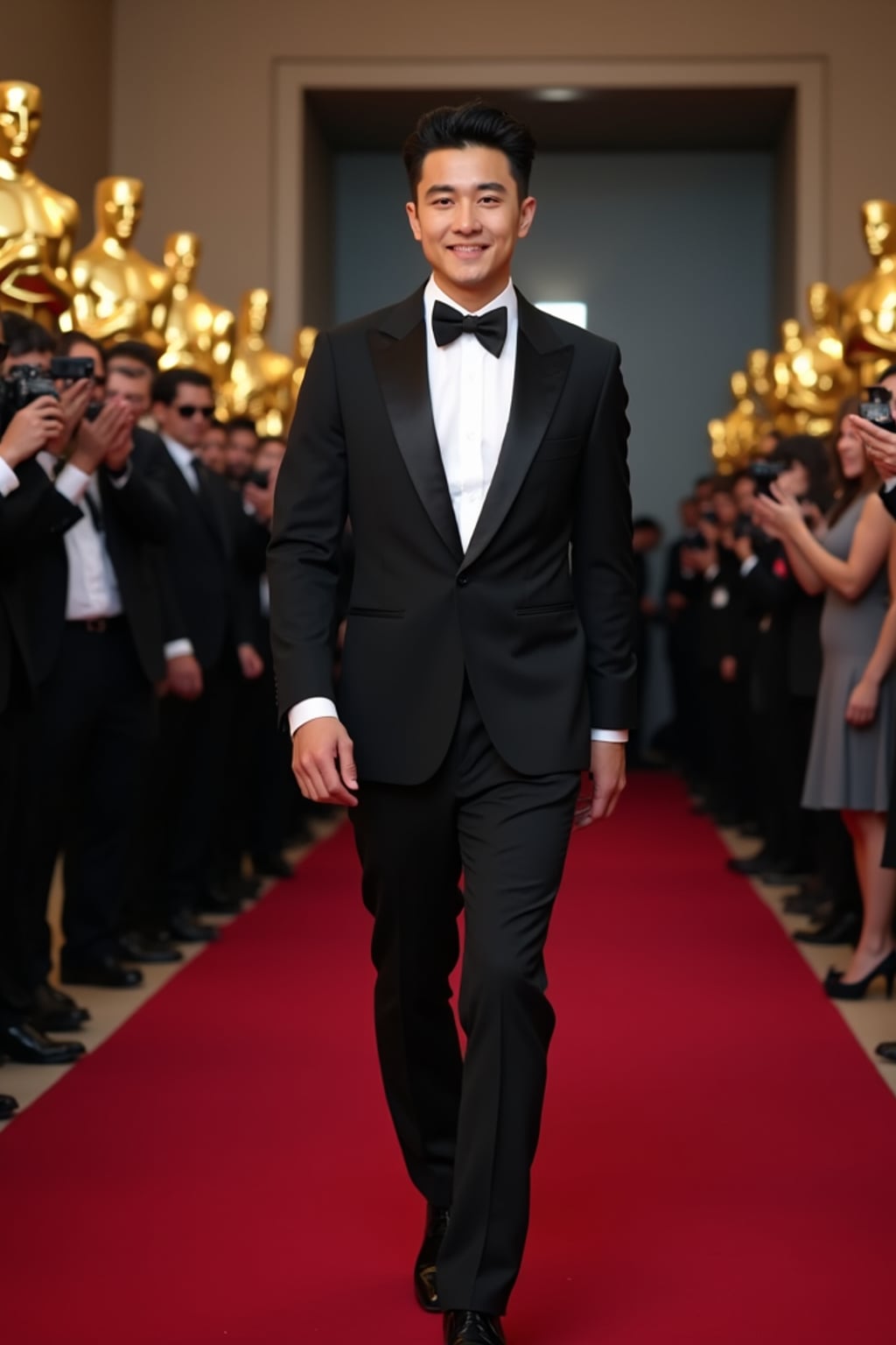 A stunning celebrity walking down the red carpet at the Oscars, posing confidently under the bright flashes of cameras. The man is wearing  a fitted black tuxedo with a sleek bow tie. The backdrop features Oscar statuettes and a crowd of photographers capturing the glamorous moment.