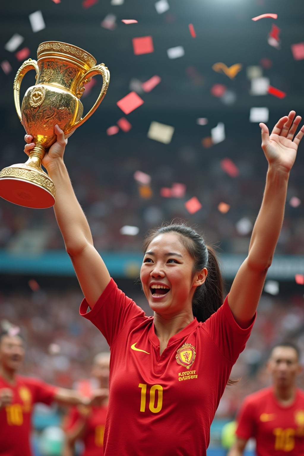 A famous athlete celebrating a championship victory, holding up a golden trophy while confetti falls around them. The woman is wearing a sleek sports outfit with custom team branding . The roaring crowd in the background adds to the celebratory atmosphere.