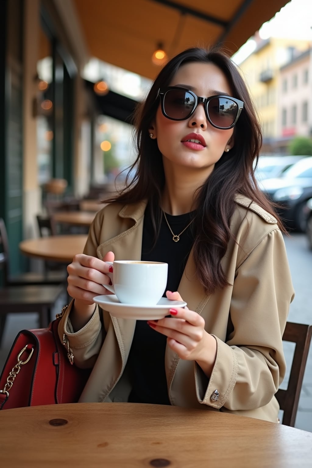 A Hollywood star caught in a candid paparazzi moment while having coffee at an upscale café. The woman is dressed in a casual designer ensemble with oversized sunglasses and luxury handbag . The setting is a charming outdoor café with luxury cars parked nearby.