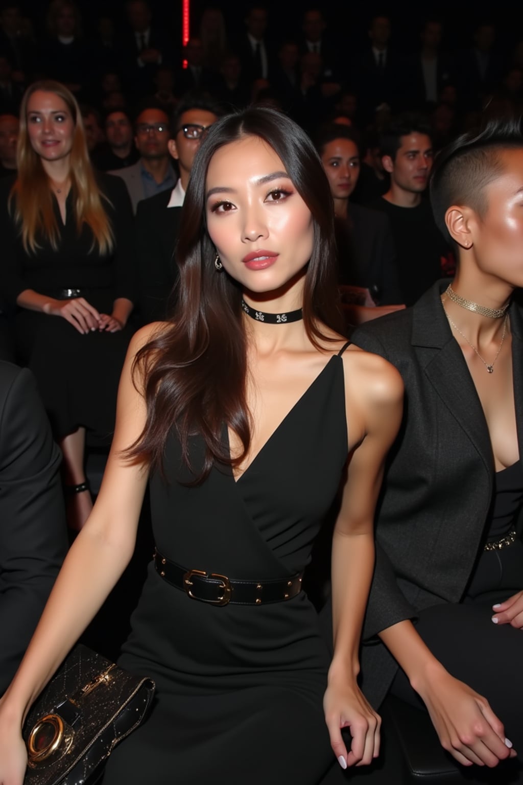 A famous influencer at an exclusive fashion show in Paris, sitting in the front row while watching womans walk the runway. The woman is wearing a chic monochrome dress with a designer clutch . The runway is elegantly lit, with other elite guests seated nearby.